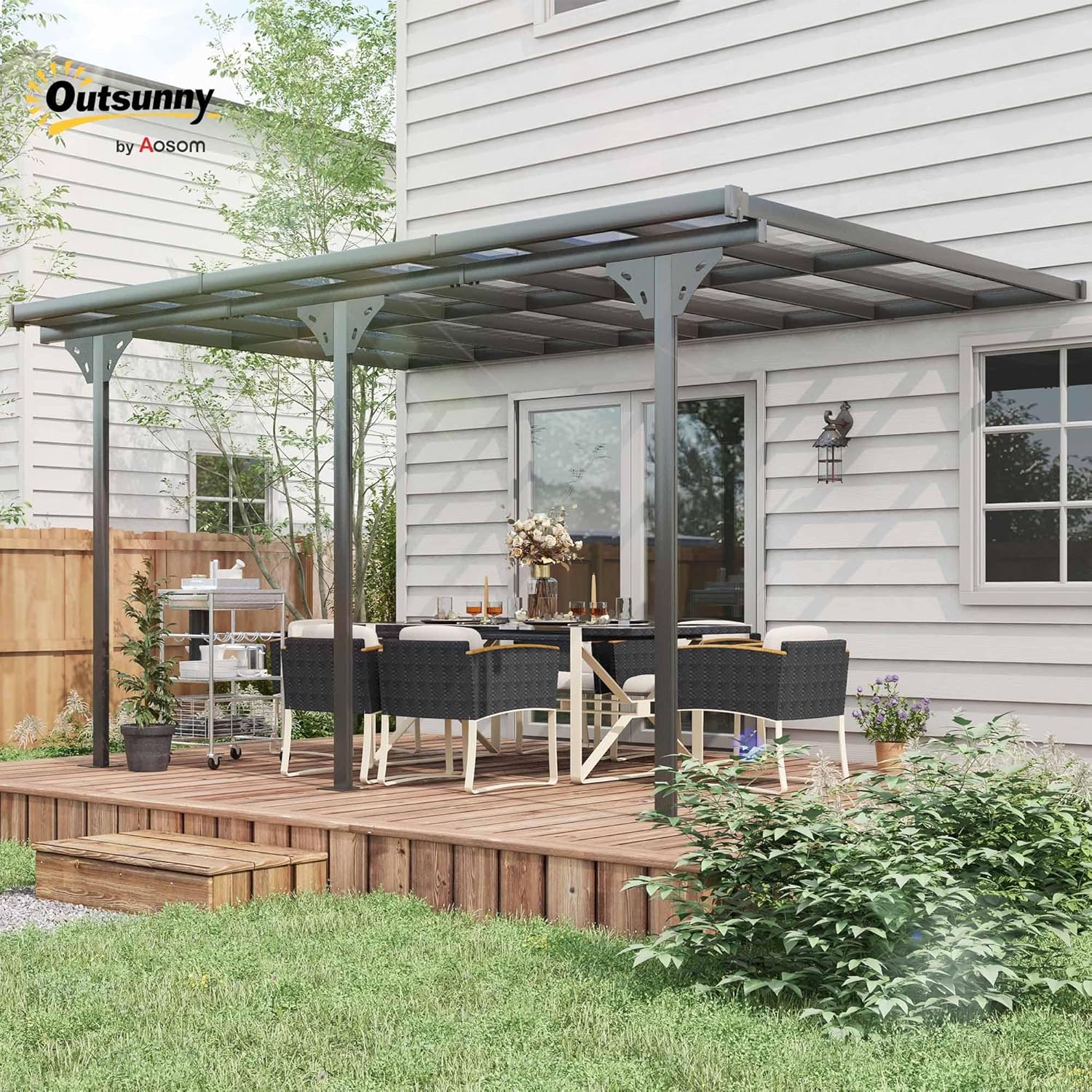 Outsunny - Pergola adossée aluminium 4,5x3m toit UV, gouttière, gris