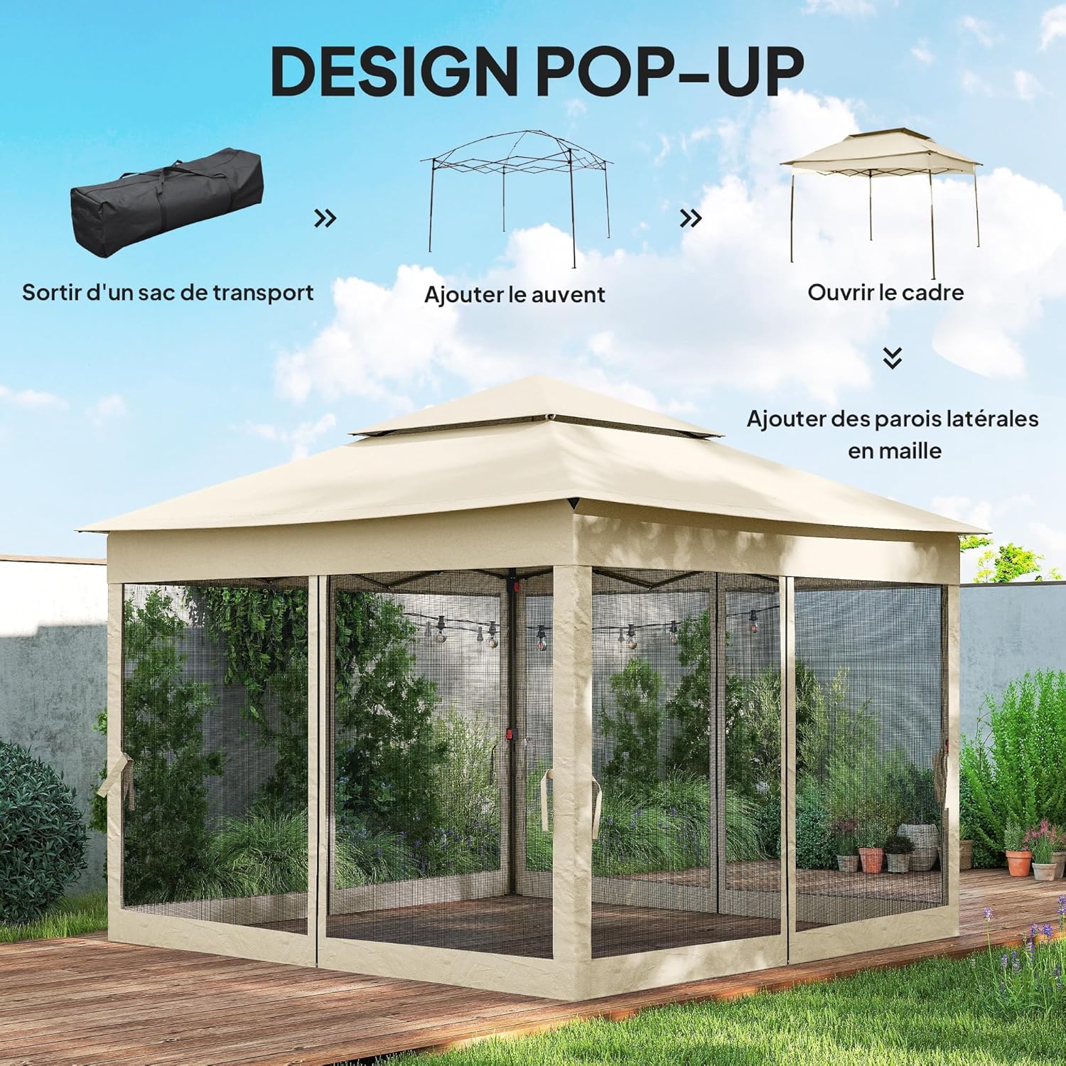 Outsunny - tonnelle pop-up - 3x3 m - métal, polyester, anti-UV, moustiquaires