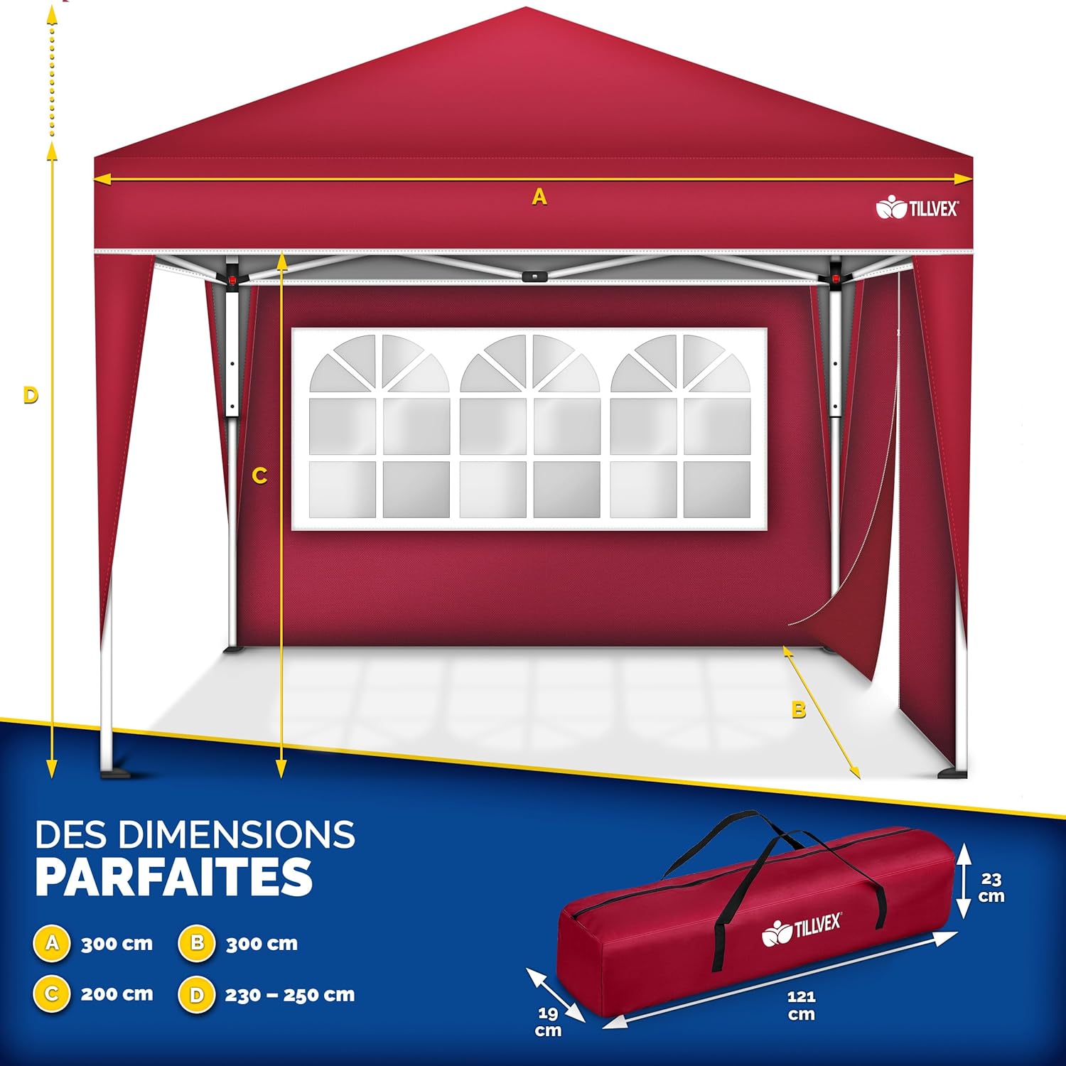 tillvex - tonnelle pliante 3x3m - 2 côtés, réglable, UV50+, sac inclus