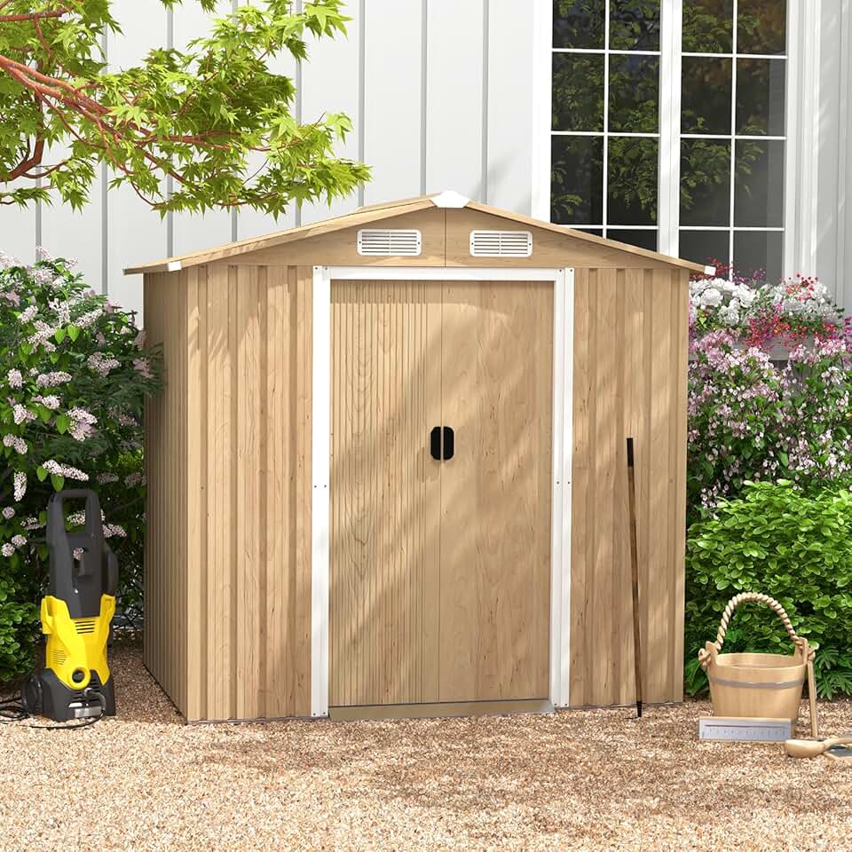 GOPLUS - abri de jardin acier, 196,5x142,5x184,5cm, porte verrouillable, toit incliné, aération