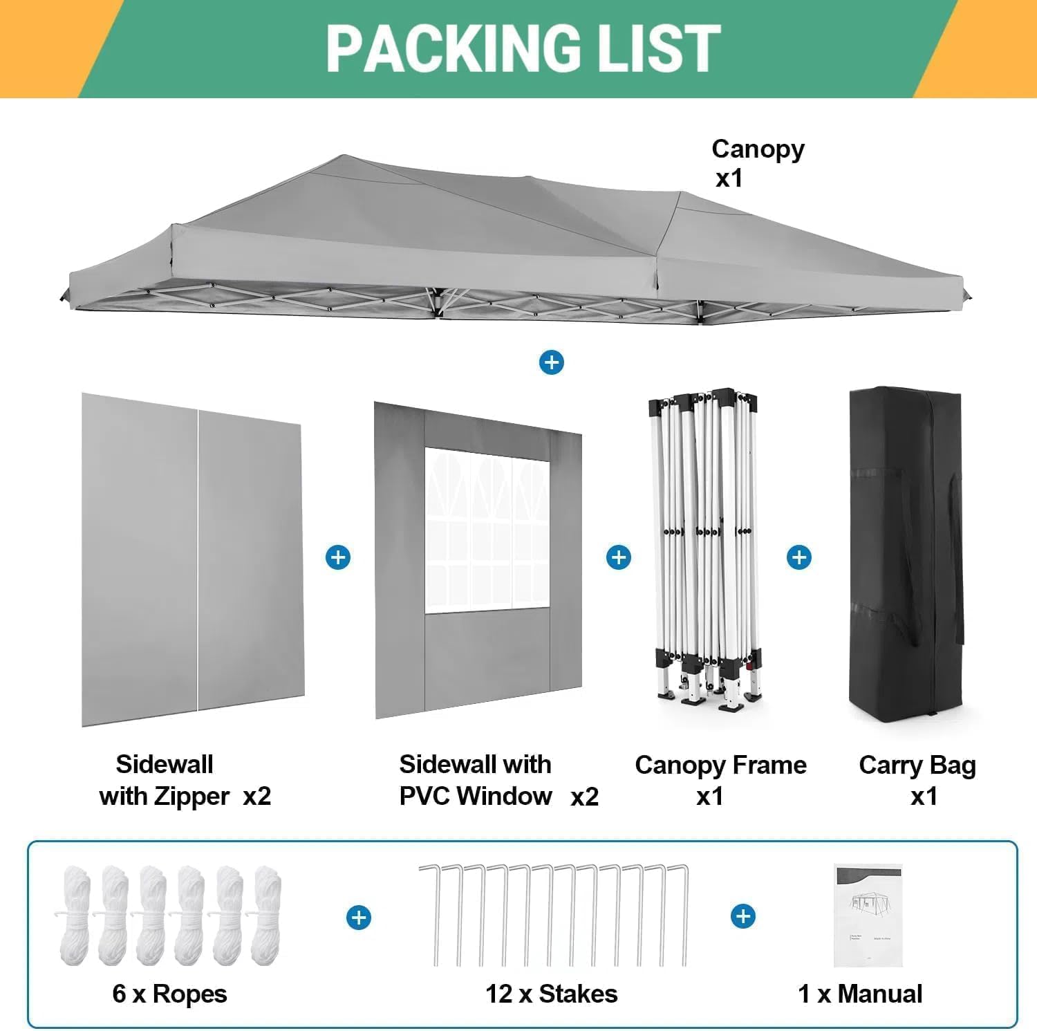 COBIZI - Tonnelle pliante 3x6m - étanche, 6 parois, anti-UV, gris