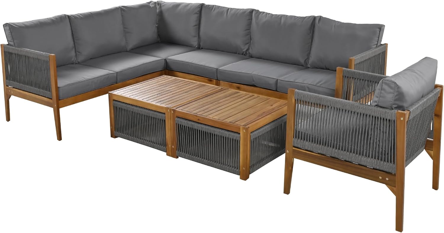 Sapgaks - salon de jardin C-Gris+Naturel - 7/8 personnes - angle, coussins lavables