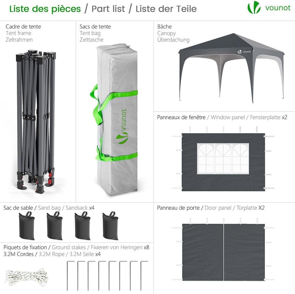 VOUNOT - tonnelle pliante série jardin 3x3m, anti-UV, imperméable, hauteur réglable, sac transport