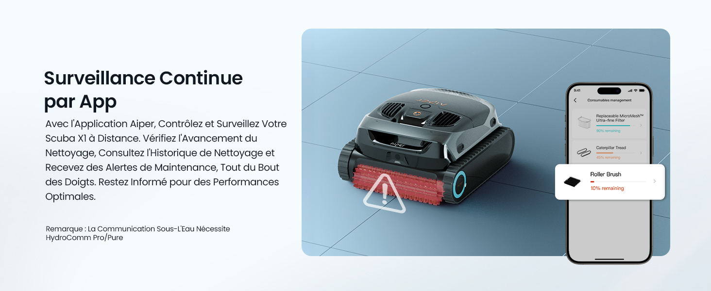Le texte indique « La surveillance se poursuit par application ». Robot intelligent ou dispositif de sécurité avec des accents rouges affichés à côté du smartphone affichant l'interface de l'application pour la surveillance à distance.