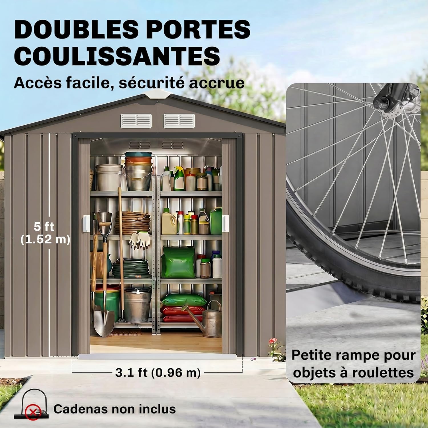 Outsunny - Abri de jardin métal 2,77 m², 213x130x185 cm, porte coulissante, marron