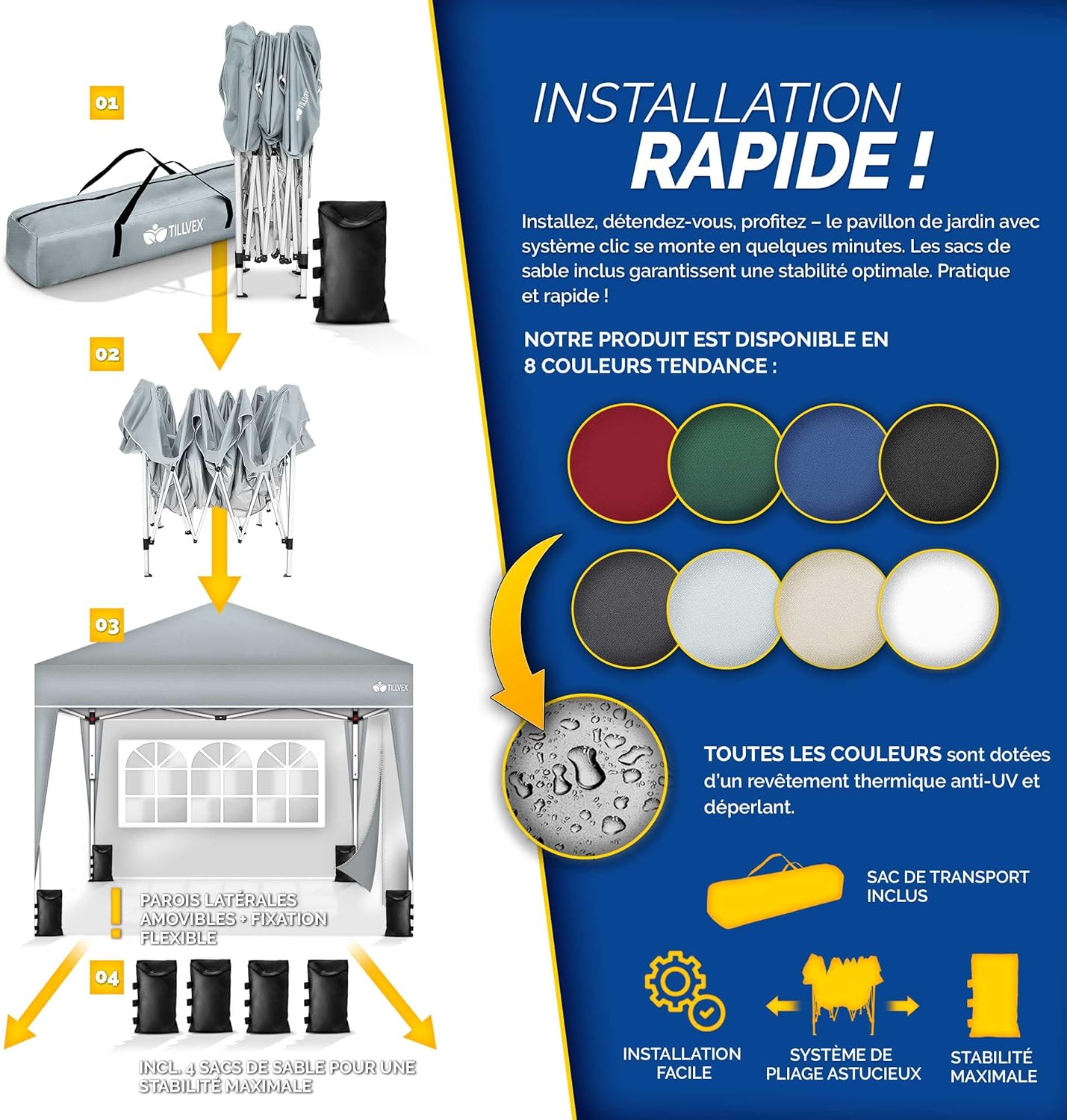 tillvex Tonnelle pliable imperméable 3 x 3 m - Pavillon de jardin Pop-up réglable en hauteur - Tonnelle de jardin protection UV 50+ avec sac - Gris - avec 2 parois
