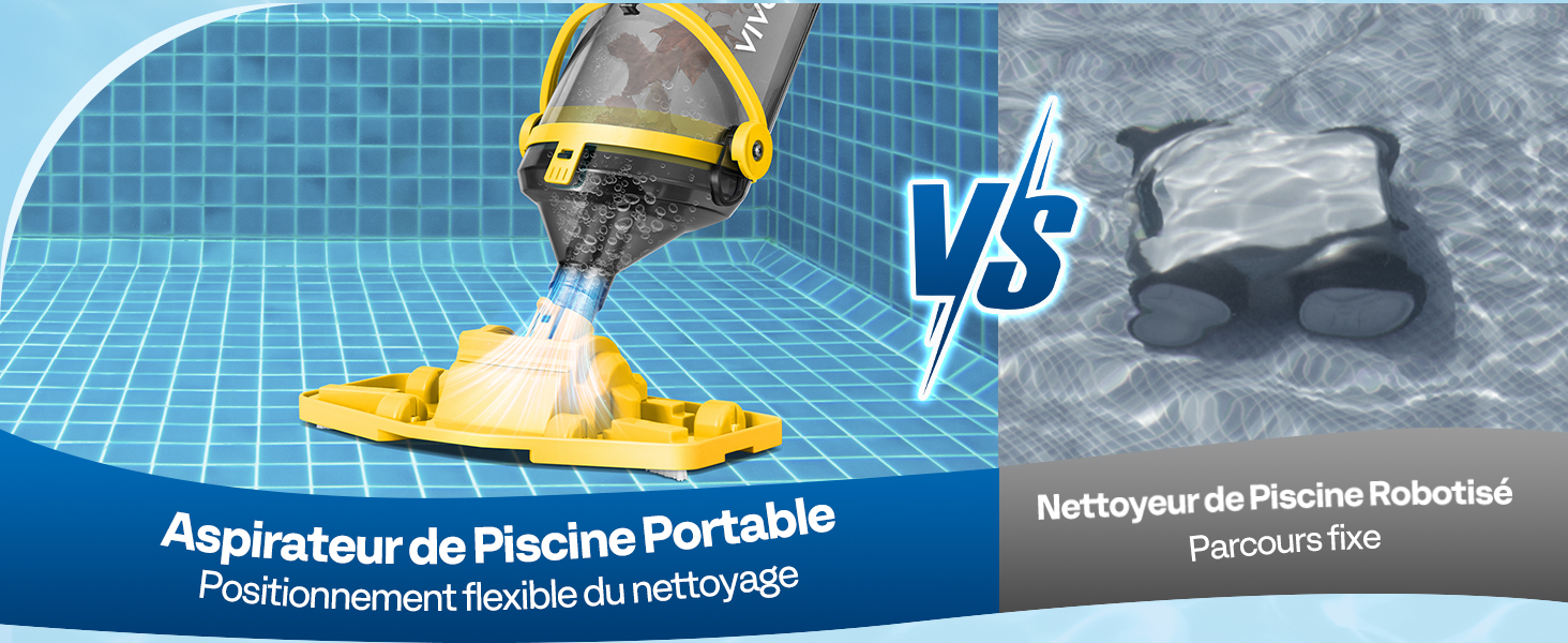 Le texte se lit comme suit : « Aspirateur de piscine portable » avec des images montrant des équipements de nettoyage de piscine sur fond bleu.