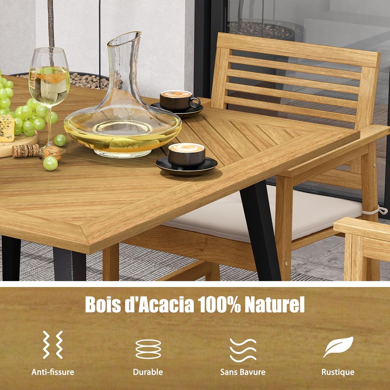 GOPLUS - table de jardin 107x75cm - bois d'acacia, métal, 75kg, trou parasol