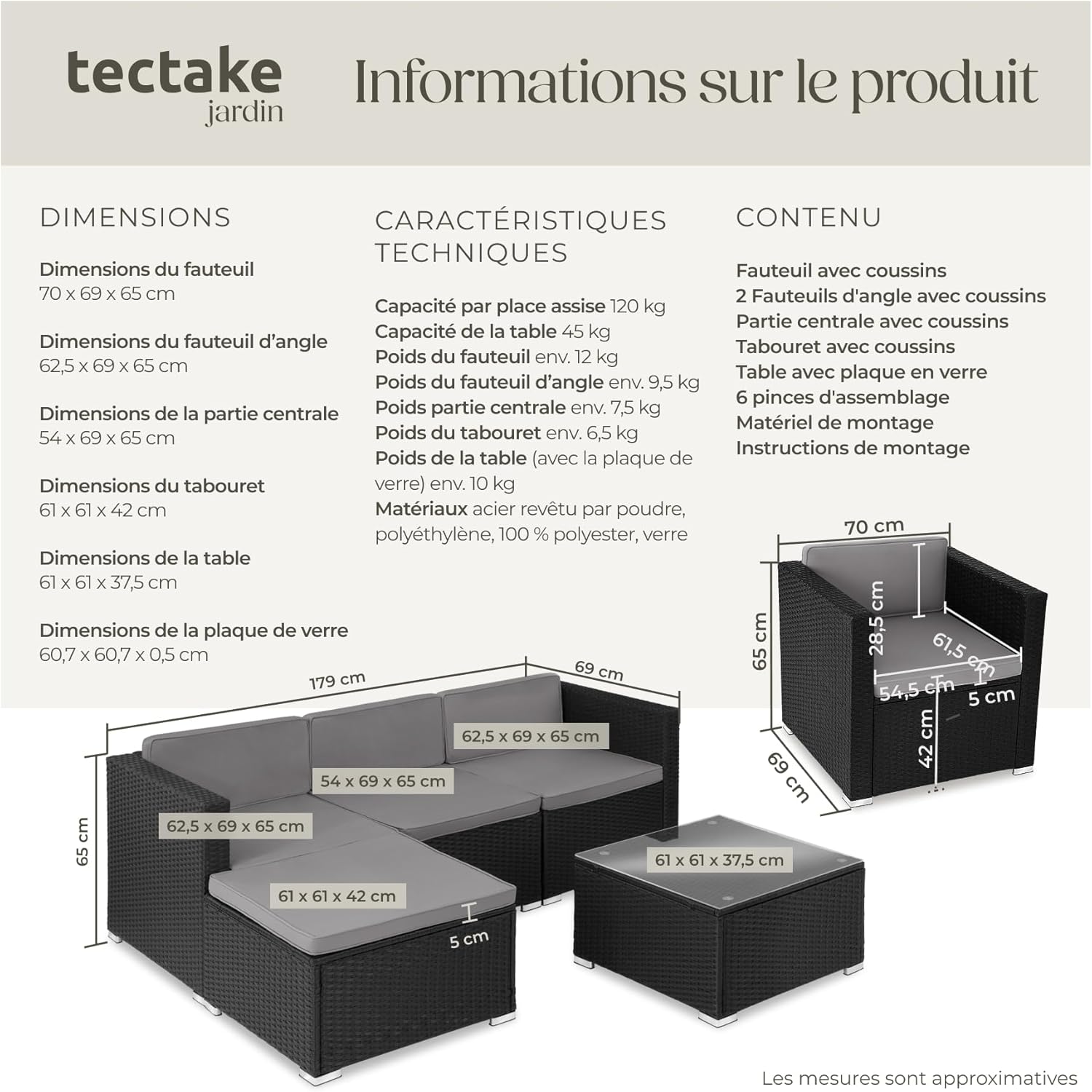 tectake - salon modulable 5 places poly rotin - coussins inclus - 4 fauteuils, 1 pouf, 1 table