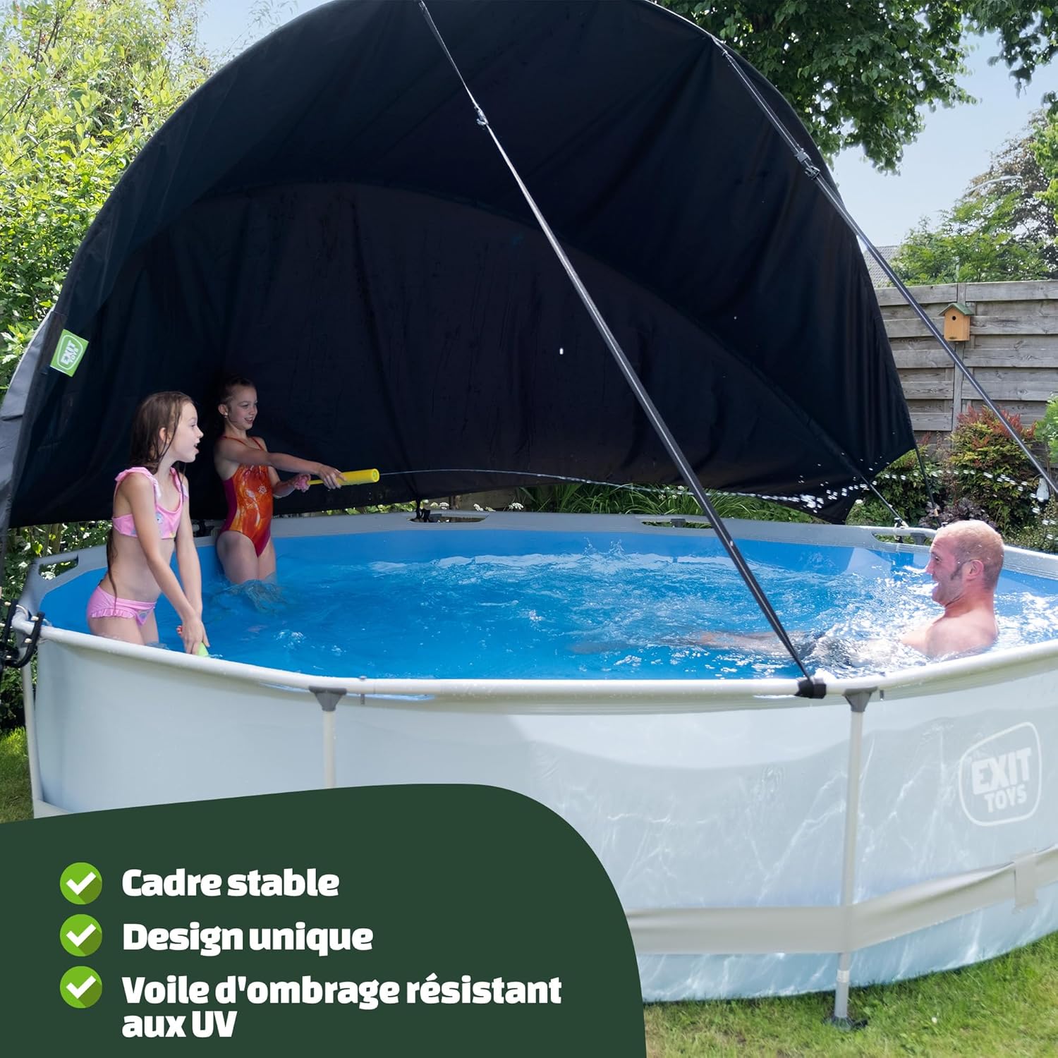 EXIT TOYS Piscine Lime avec Voile d'Ombrage - ø300x76cm - Piscine Hors Sol Ronde avec Pompe Filtrante à Cartouche - Protection Optimale Contre Les Rayons UV - Entrée Basse - Design Unique - Vert