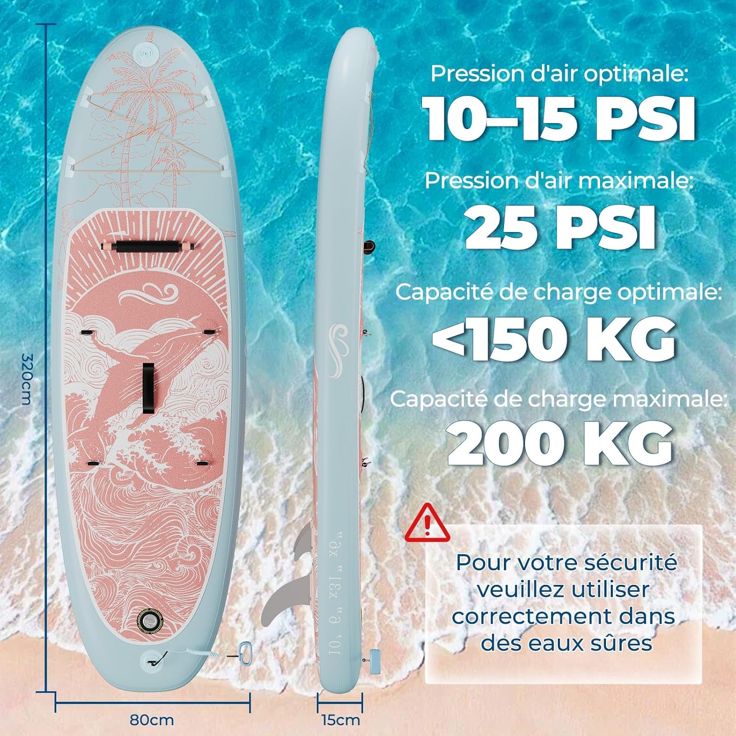 Devoko - Planche de paddle 320cm - 2-en-1, siège, 130kg, surf, pêche, yoga