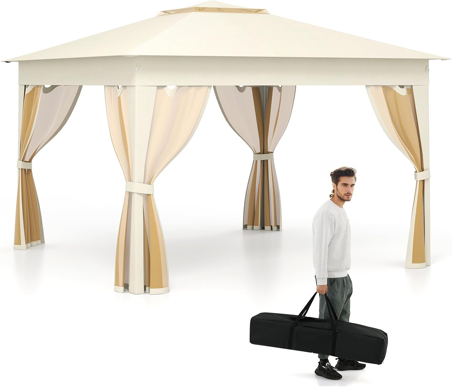 RELAX4LIFE Tonnelle Pliante 3x3 avec Moustiquaires, Tonnelle de Jardin Exterieur Facile à Monter, Toit Ventilé Argenté, Protection Solaire, Sac Inclus, Pavillon de Jardin pour Terrasse Patio, Beige