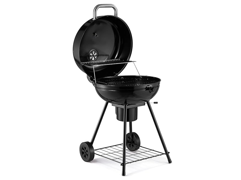 avec couvercle arrondi, roulettes et étagère inférieure pour le rangement. Montré ouvert pour afficher la grille de cuisson.