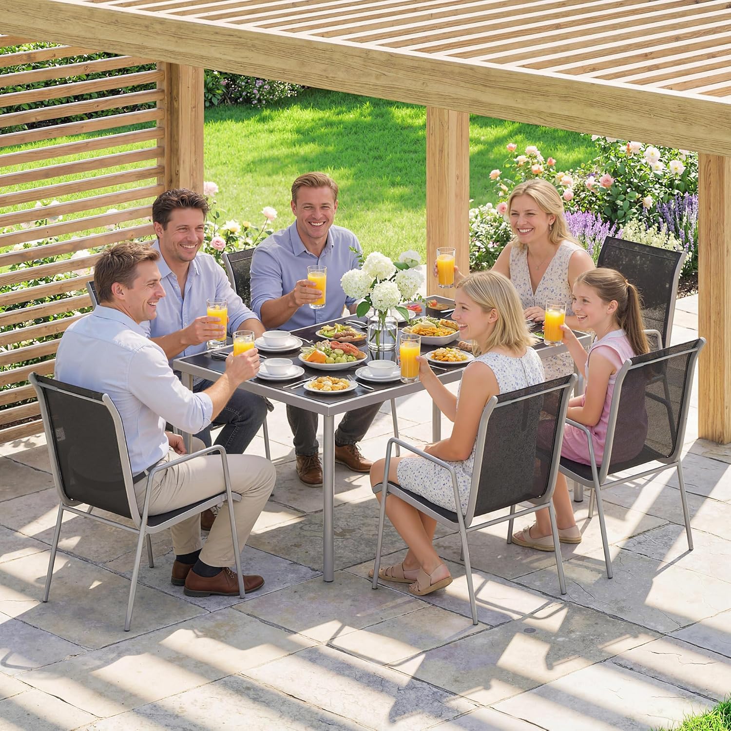 Outsunny - salon jardin 6 personnes - table verre, chaises empilables, textilène, argent