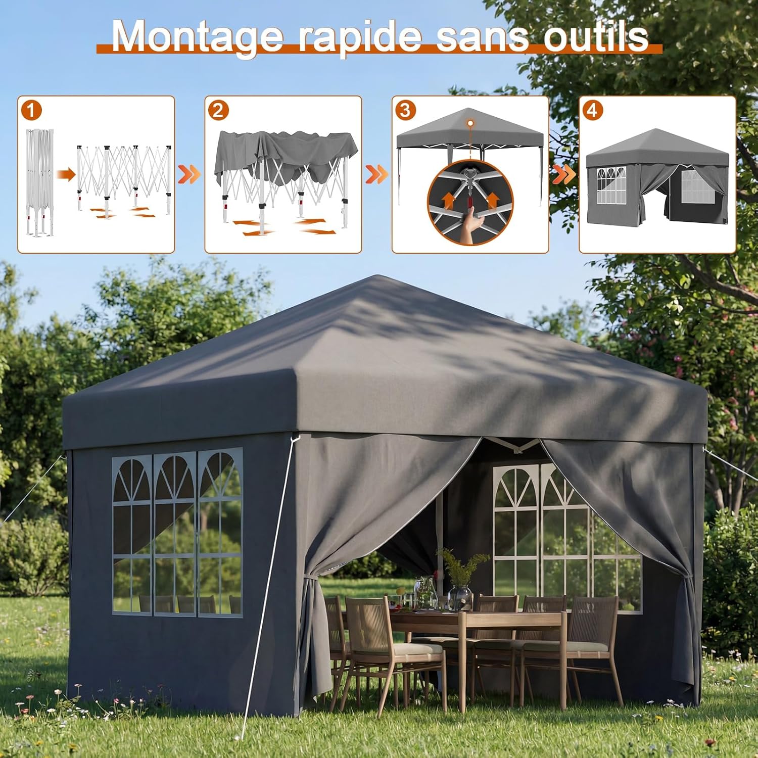 Devoko - Tonnelle pliante série Pop up - 3x3 m - imperméable, 4 parois amovibles, réglable, UV 50+