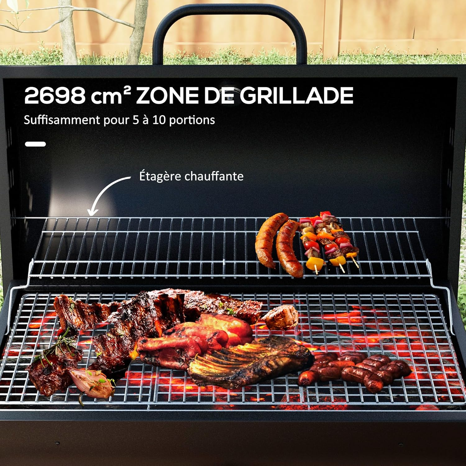 Outsunny - barbecue charbon de bois, 95x71,5x102cm, couvercle, thermomètre, roues