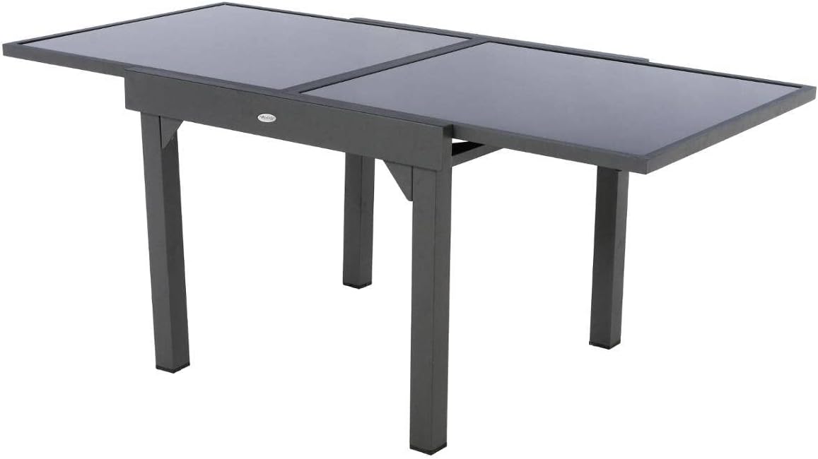 Hespéride - Table Piazza Gris Graphite extensible 8 places - Aluminium anti-rouille, verre trempé, rallonge coulissante.