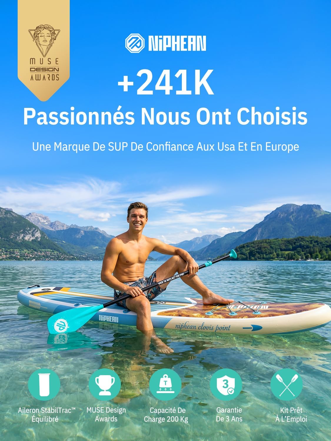 Niphean - Paddle gonflable adulte 320cm - 200kg, siège, 2 pers.