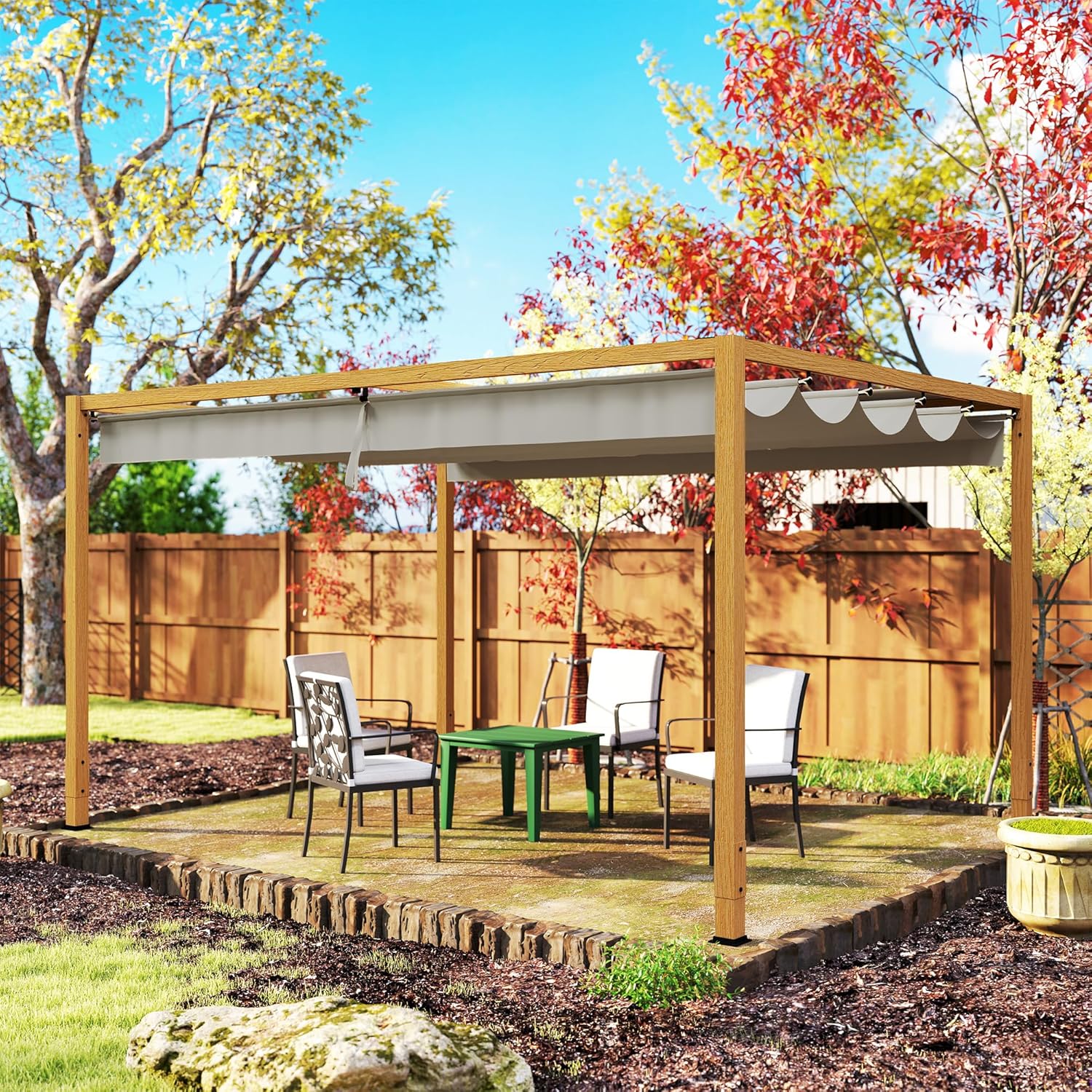 Outsunny - Pergola aluminium série bois naturel - 4x3m - toit rétractable, drainage intégré