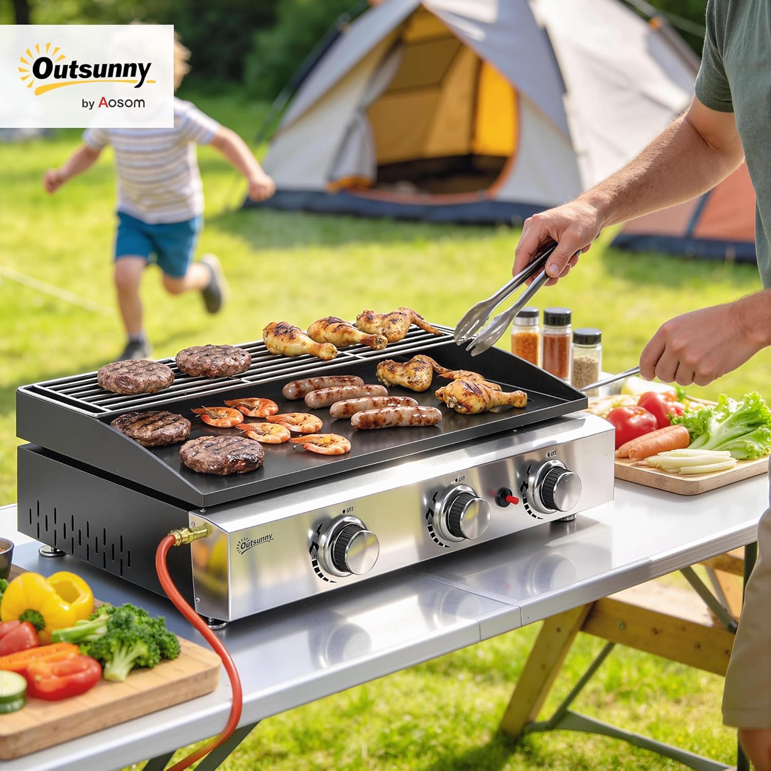 Outsunny - Plancha gaz série 3 brûleurs - 60x40 cm - plaque émaillée, grille maintien chaleur, acier inoxydable