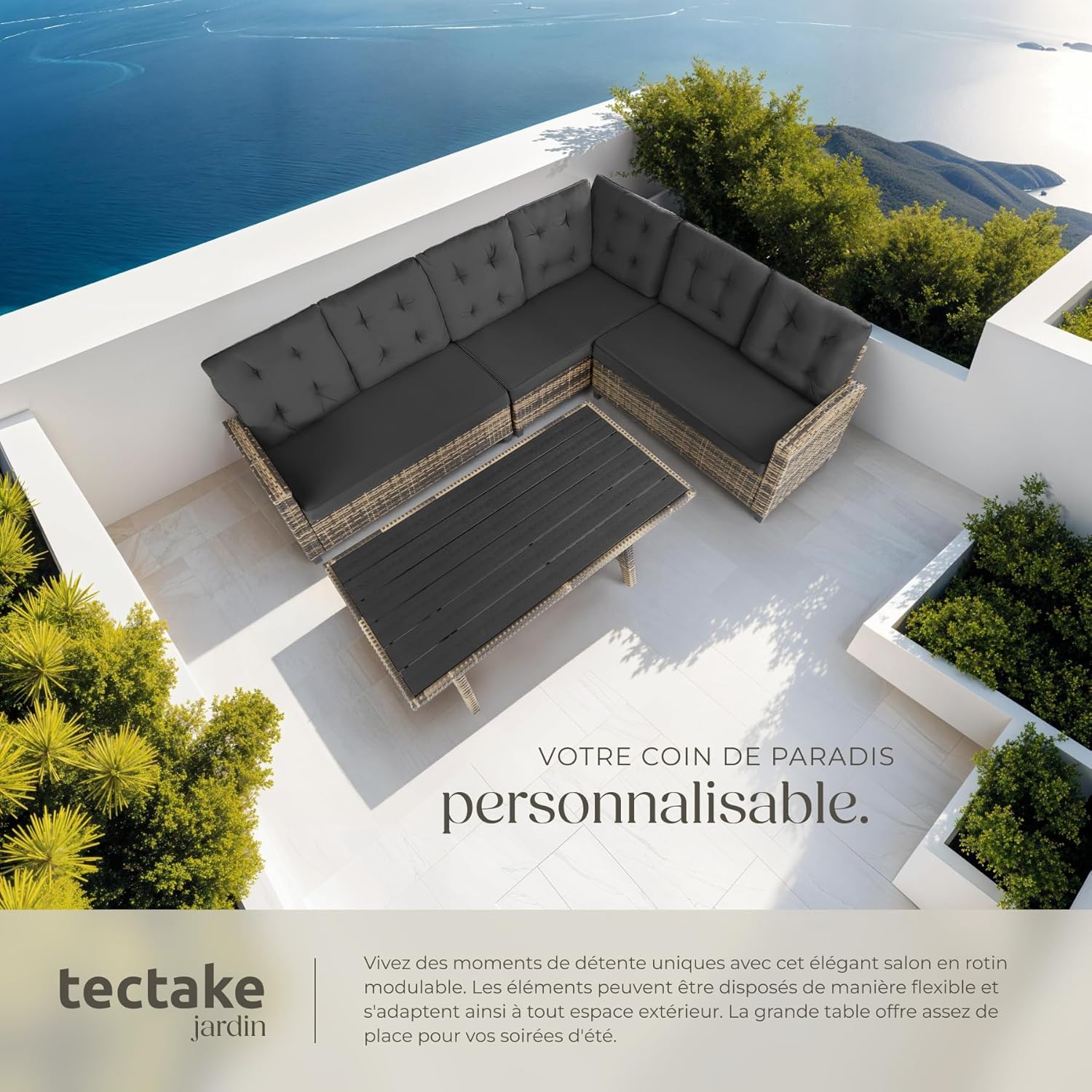 Tectake - salon de jardin XXL 6 places, rotin, coussins moelleux, table