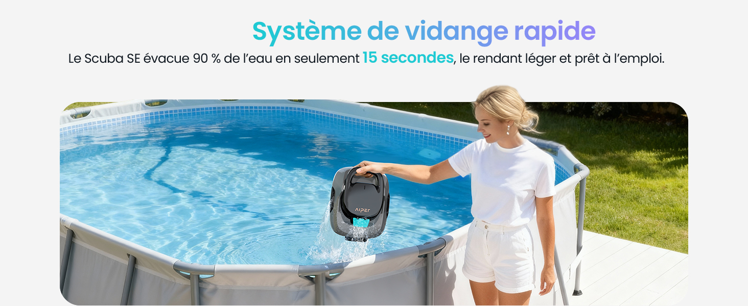 Le texte indique « Système de vidange rapide ». Série d'images montrant un système d'entretien de piscine à l'eau bleue et le processus d'installation de l'équipement.