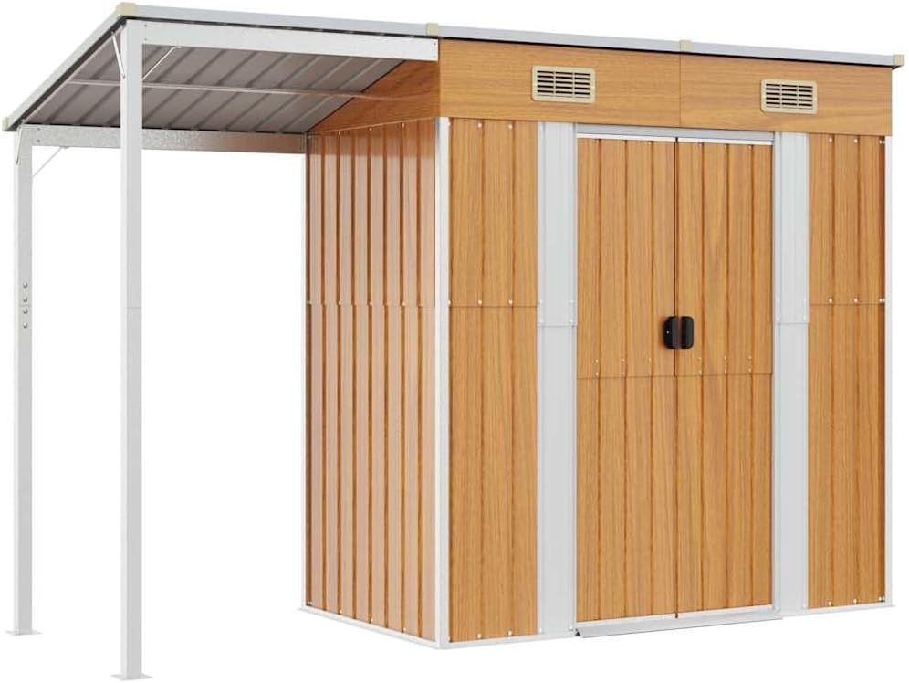 vidaXL Abri de Jardin avec Toit Prolongé, Cabane à Outils avec Poignées, Remise à Outils, Abri de Rangement Terrasse, Marron Clair 277x107x181 cm Acier