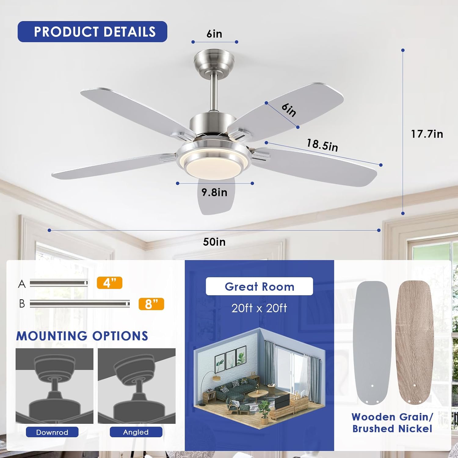 Kviflon - Ventilateur Connecté Série Moderne - 127cm, lumière, moteur DC silencieux, réversible