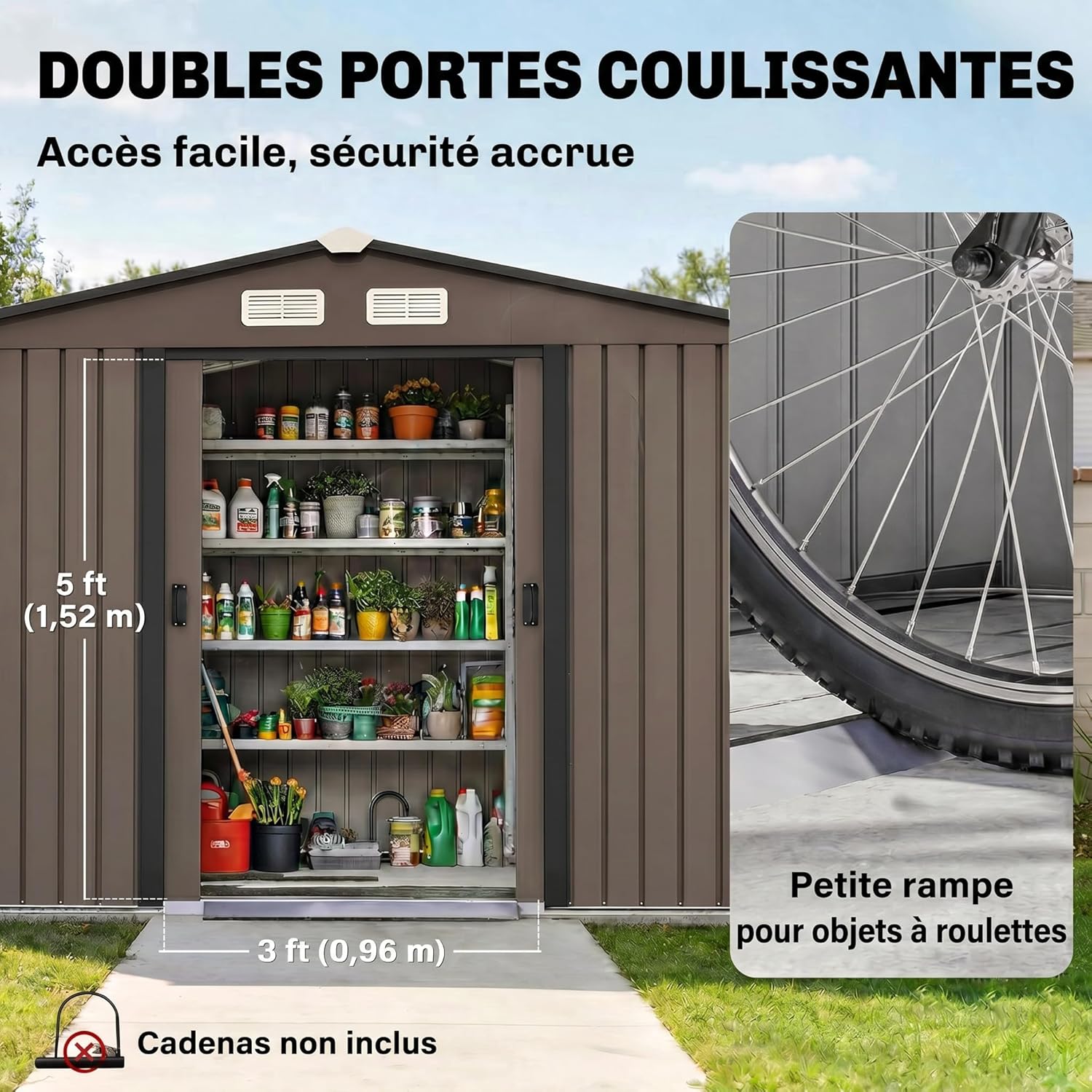 Outsunny - Abri de jardin en acier galvanisé XXL - 5,4 m² avec fondation, 277x195x192cm, portes coulissantes verrouillab