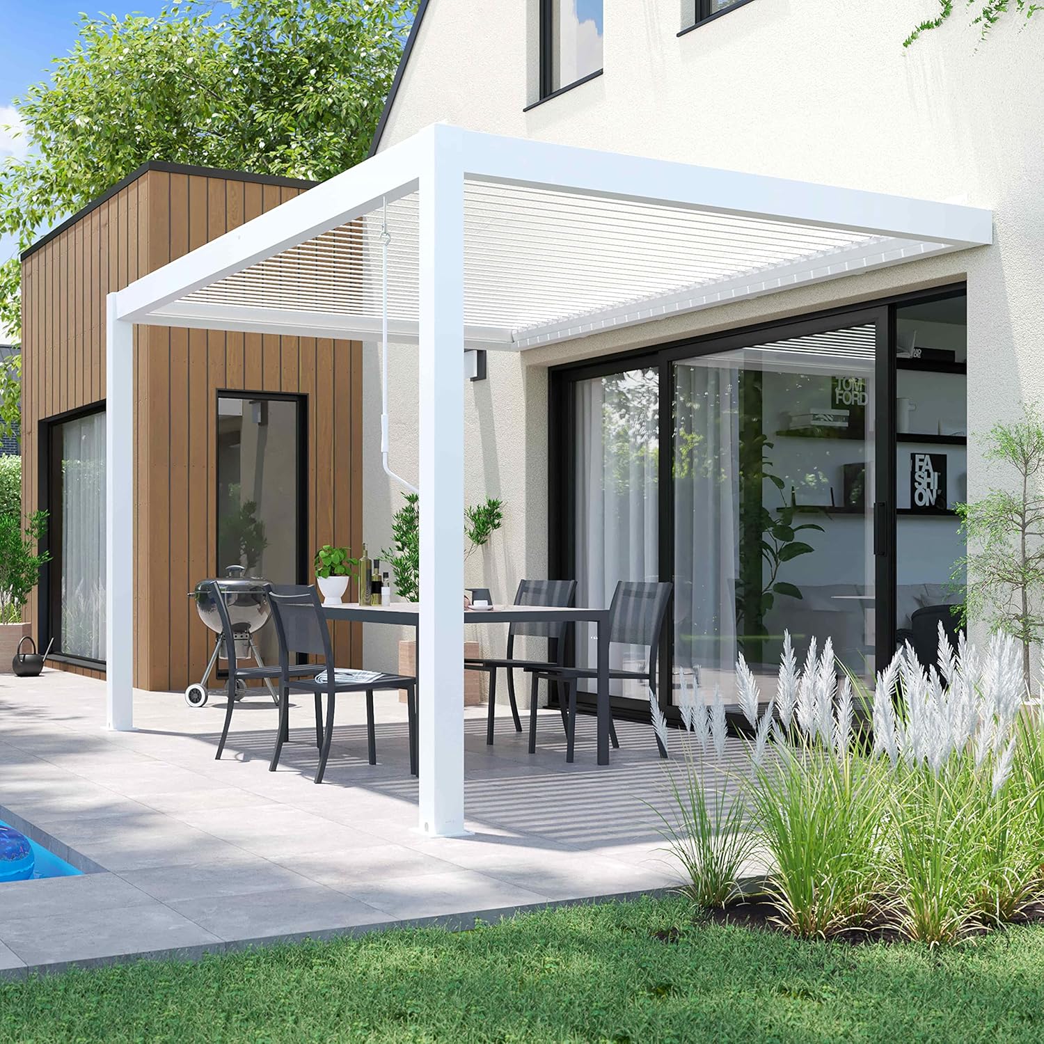 Oviala - Pergola bioclimatique adossée - 3x4 m - aluminium blanc