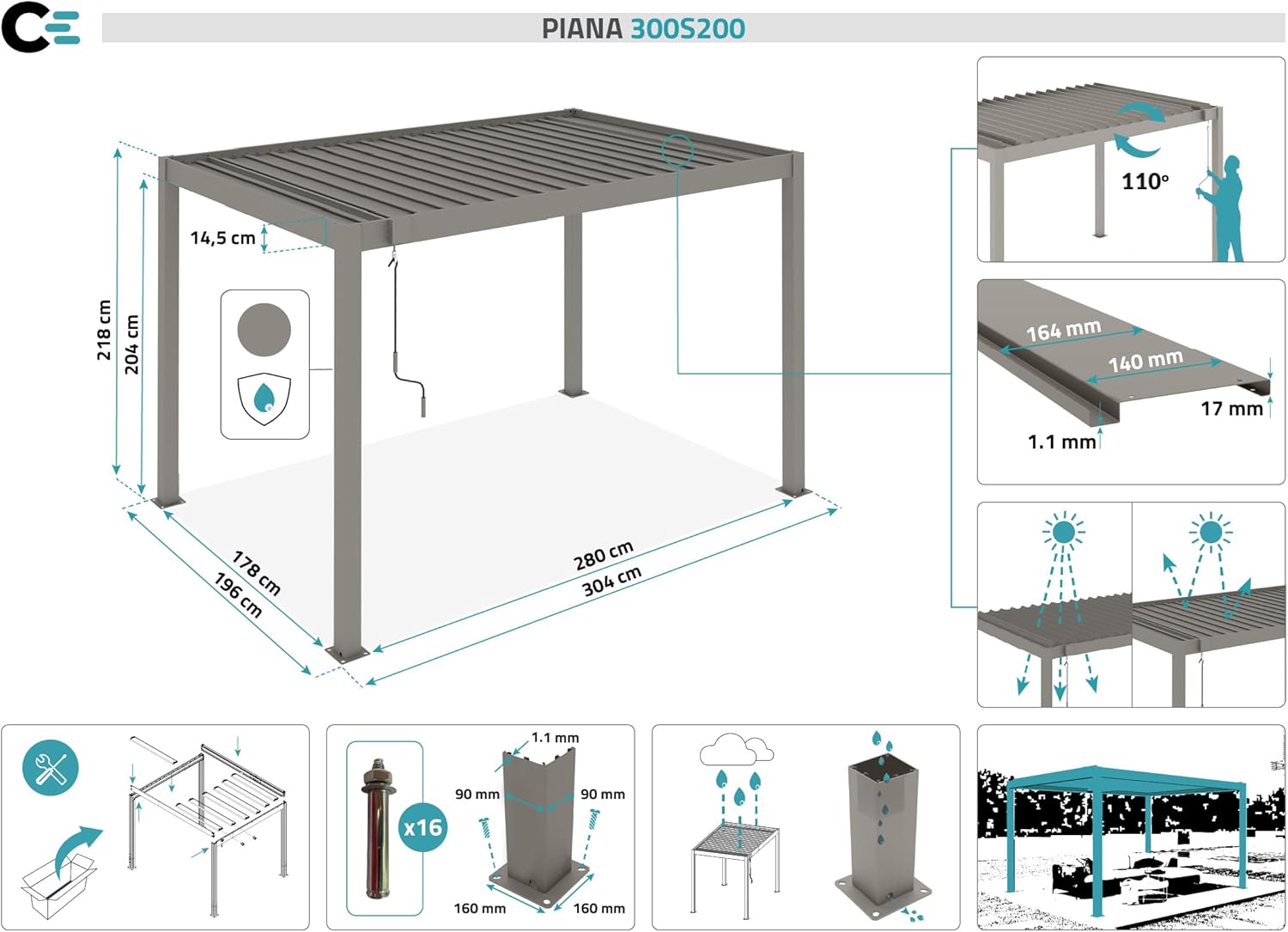 CAZEBOO - Piana - 3x2m - Pergola alu taupe, lames acier orientables