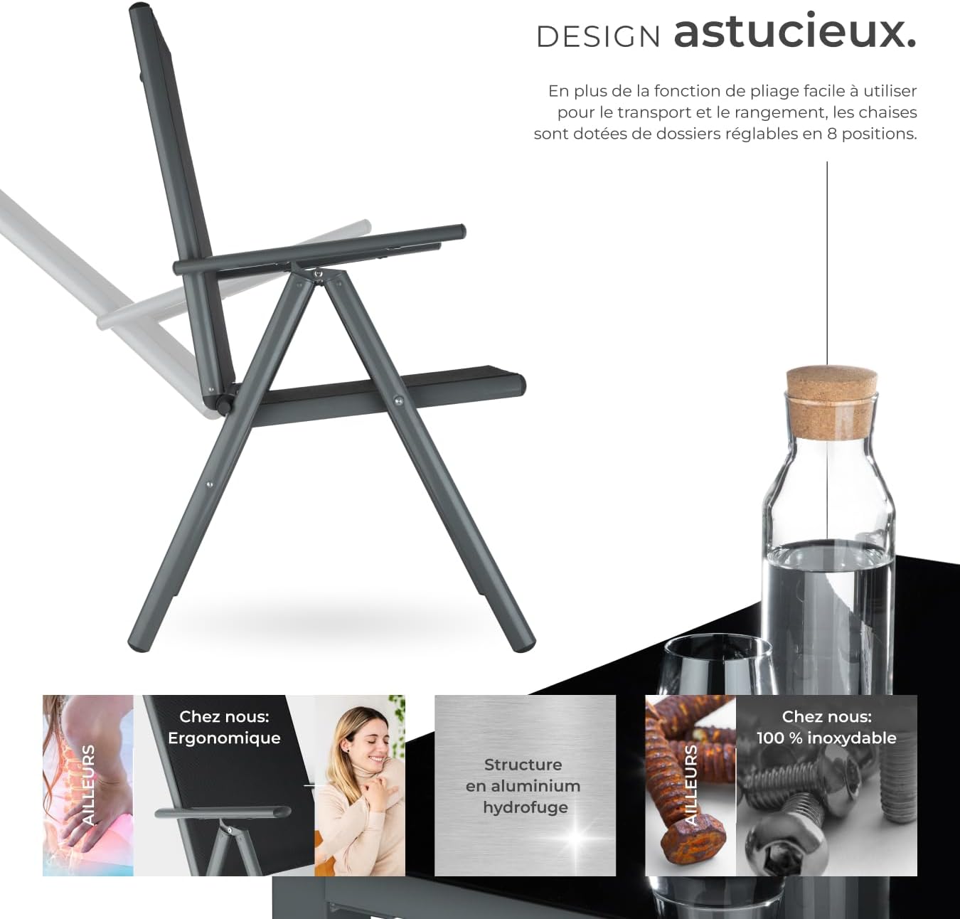 tectake - Salon de jardin aluminium, 8 fauteuils pliables, table, facile à entretenir