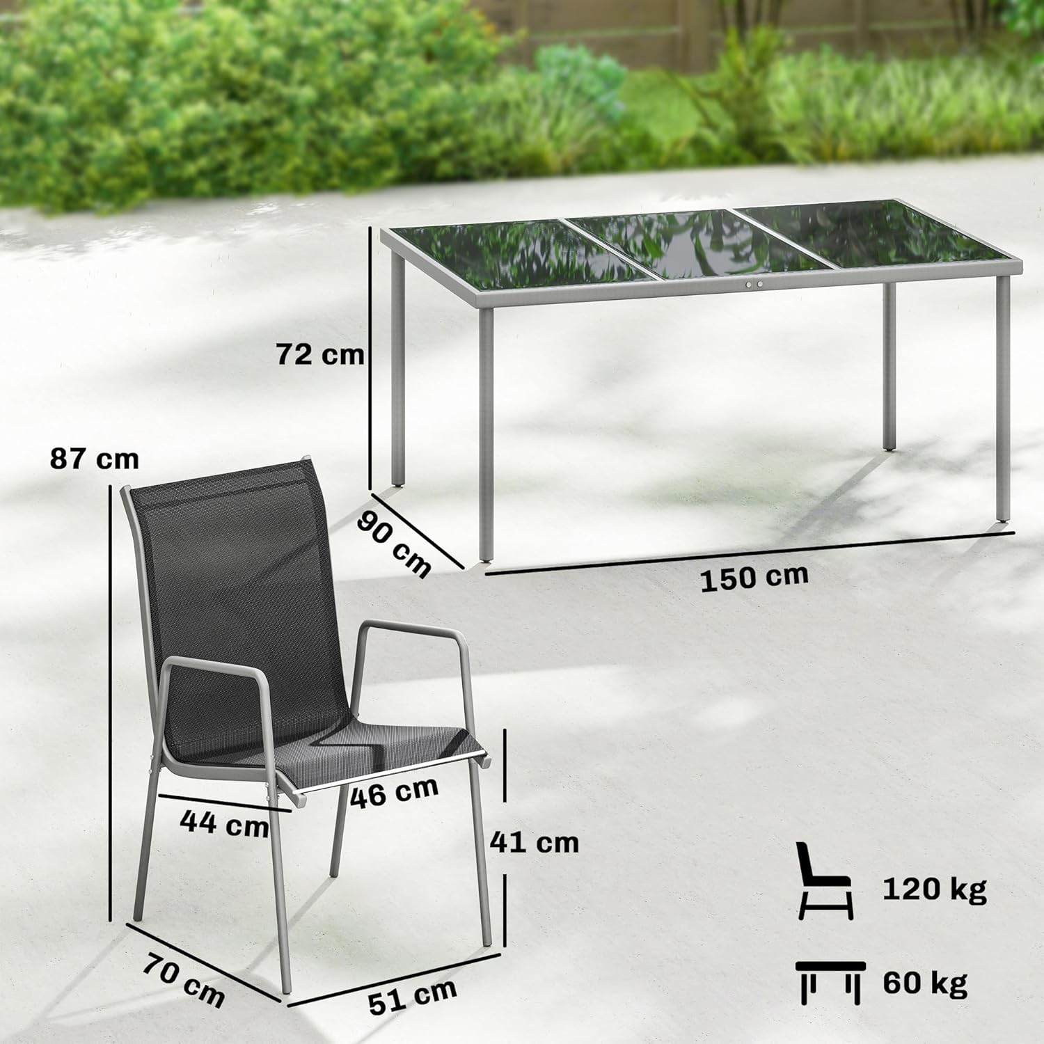 Outsunny - salon jardin 6 personnes - table verre, chaises empilables, textilène, argent