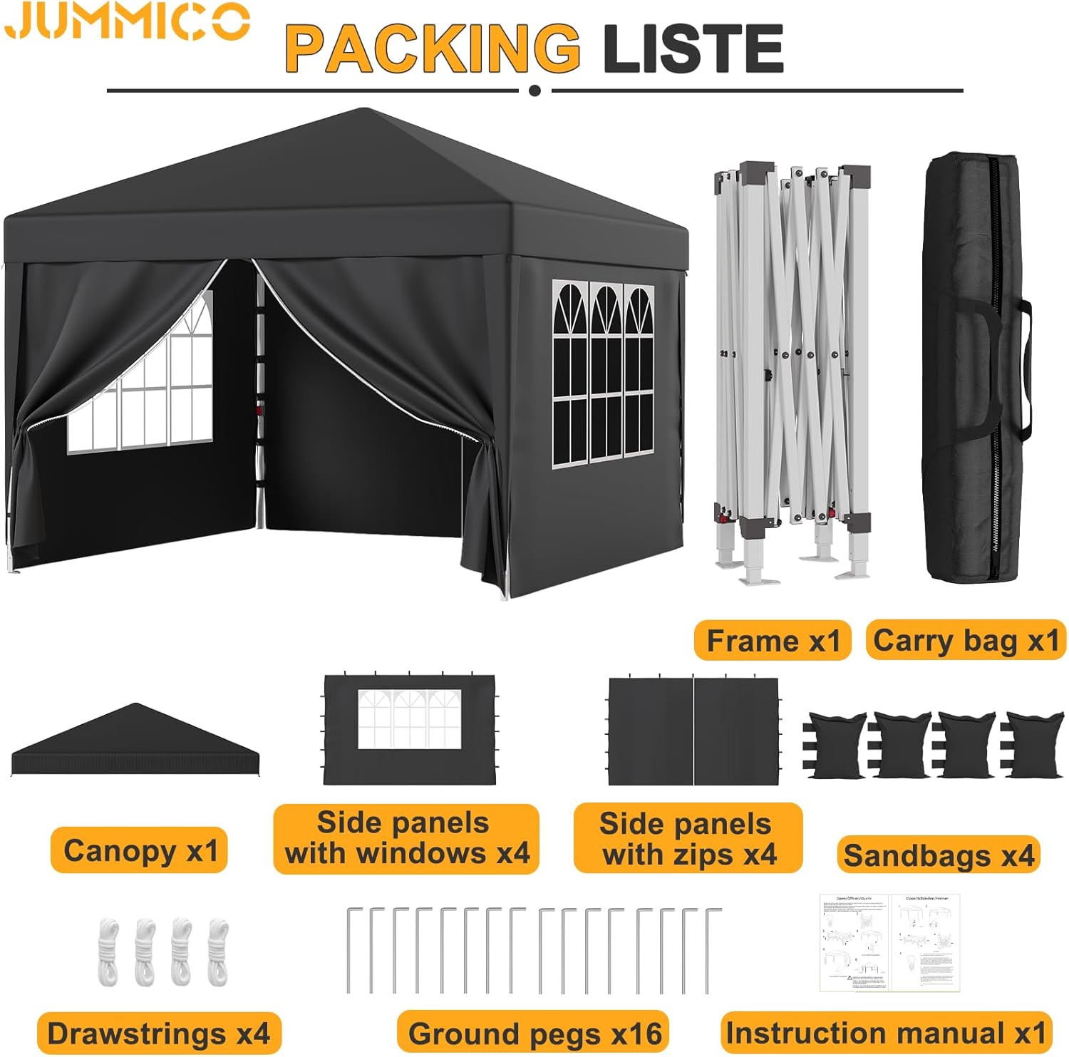 JUMMICO - tonnelle pliante - 3x3m - imperméable, hauteur réglable, anti-UV