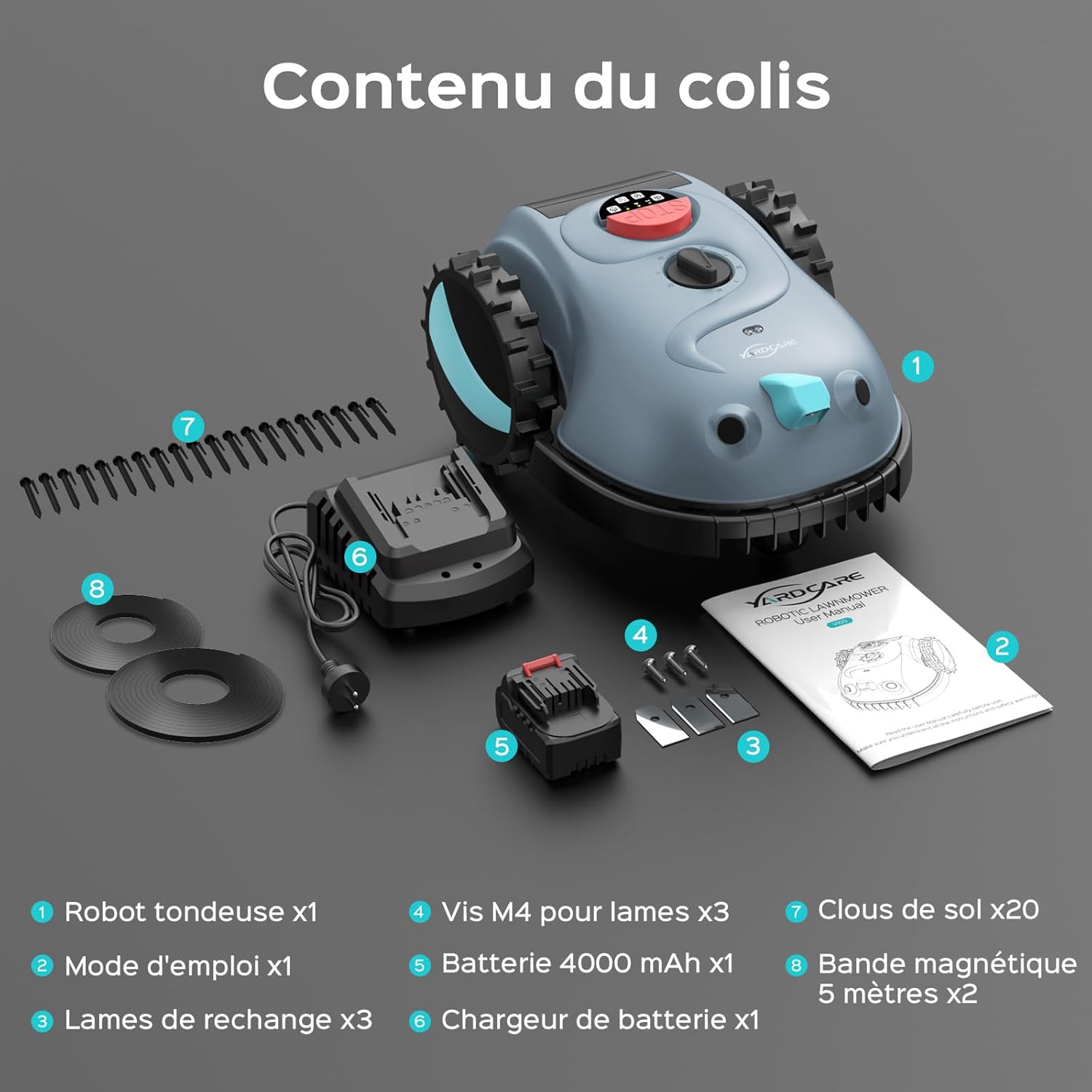 YARDCARE - Robot tondeuse Vision, évitement obstacles, batterie 4Ah V100
