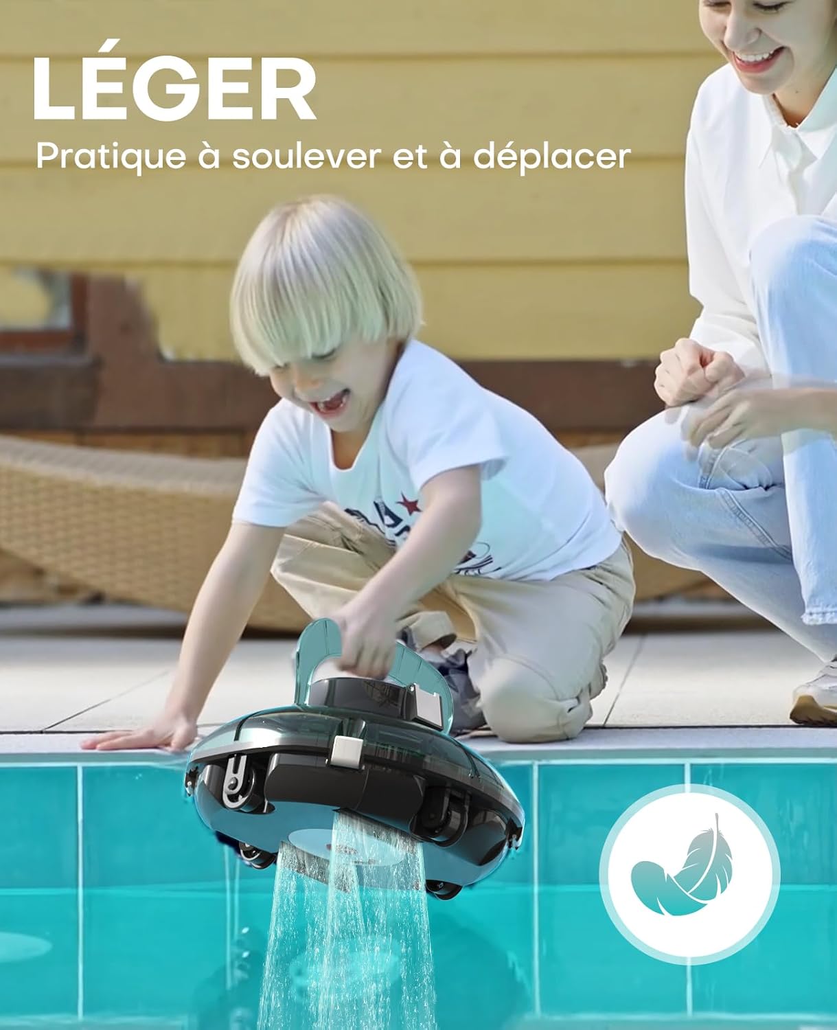 WINNY POOL CLEANER Winny 200 Robot Piscine, Aspirateur Piscine Sans Fil Avec Batterie, Autonomie 75 Min pour Piscines Hors-Sol 60m², Double Filtration,Stationnement Automatique(Transparent Vert Blanc)