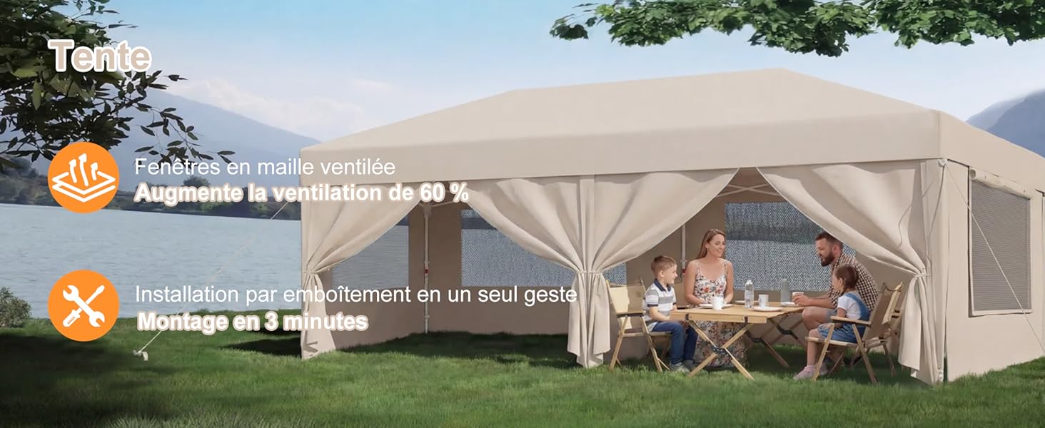 Grand pavillon de tente extérieur avec coin salon dans le jardin. Le texte inclut des avantages : « Protège contre... » et « Fiable comme si... » indiquant les caractéristiques de protection contre les intempéries et de durabilité pour les espaces de divertissement extérieurs.