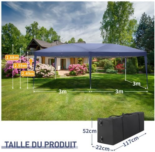 Bonnlo - tonnelle pliante 3x6 m, imperméable, sac inclus, bleu