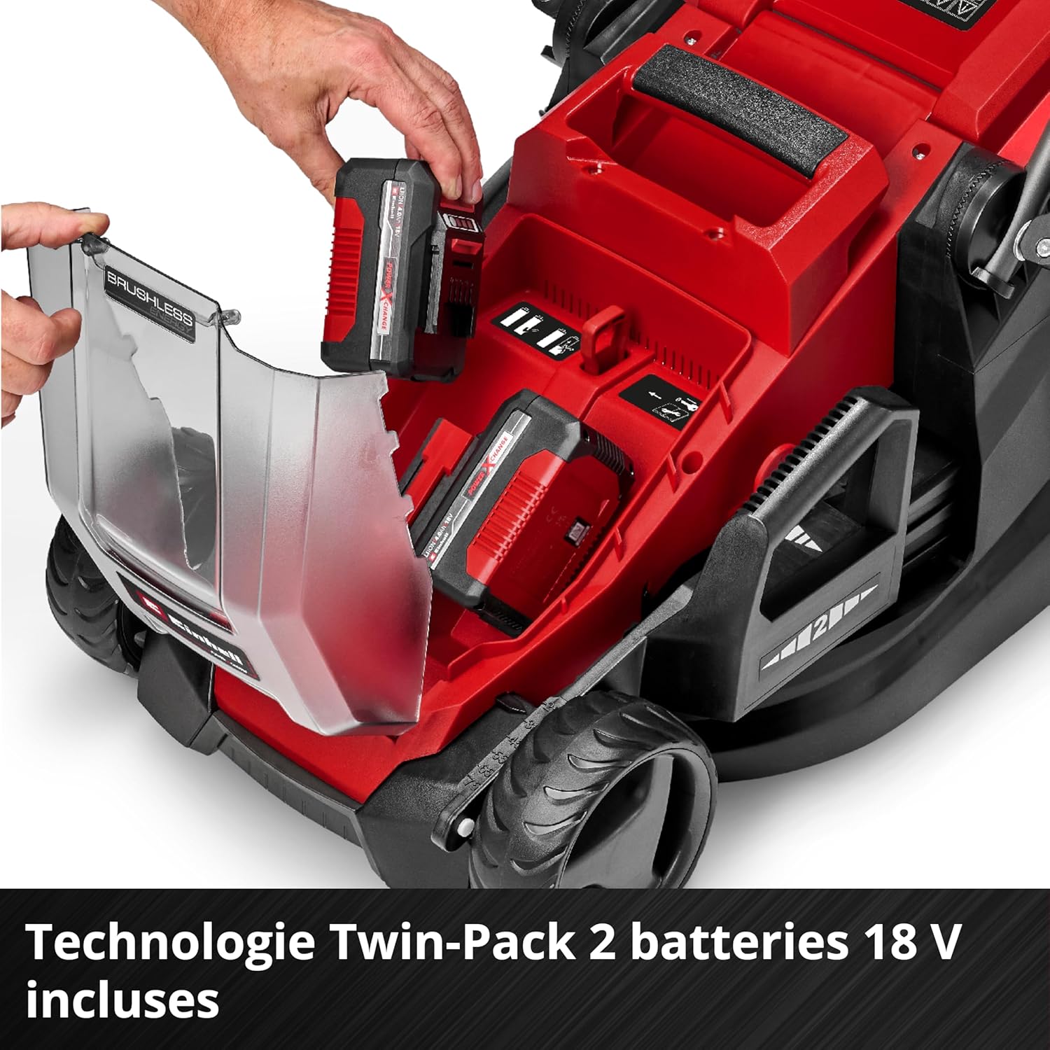 Einhell Tondeuse à gazon sans fil GE-CM 36/36 Li Kit Power X-Change (36V, largeur 36 cm, 400 m² max., sans charbon, bac collecteur 40 L, hauteur de coupe 25-75mm, avec 2 batteries 4,0Ah + 2 chargeurs)
