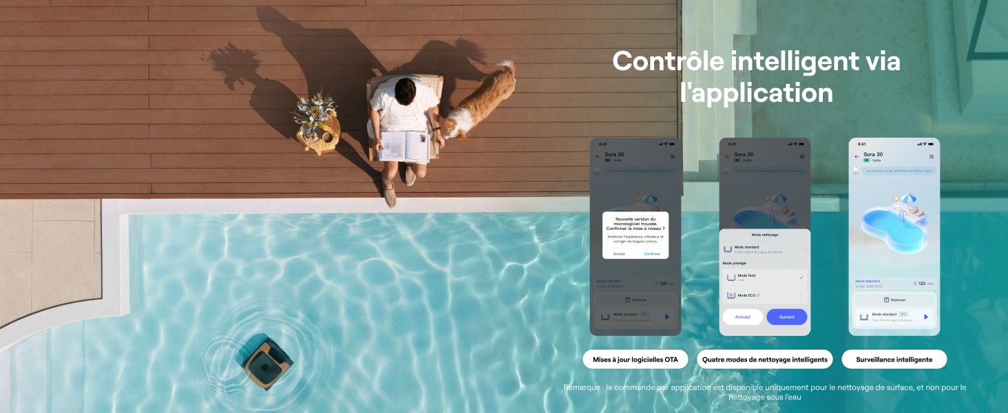 Le texte se lit comme suit : « Contrôle intelligent via l'application ». Vue aérienne de la piscine avec écrans d'interface d'application pour smartphone montrant le système de surveillance de la piscine.