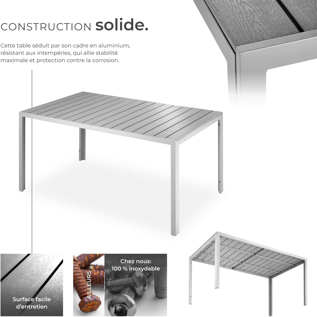 tectake - Table à manger aluminium aspect bois 150x90x74,5cm résistante