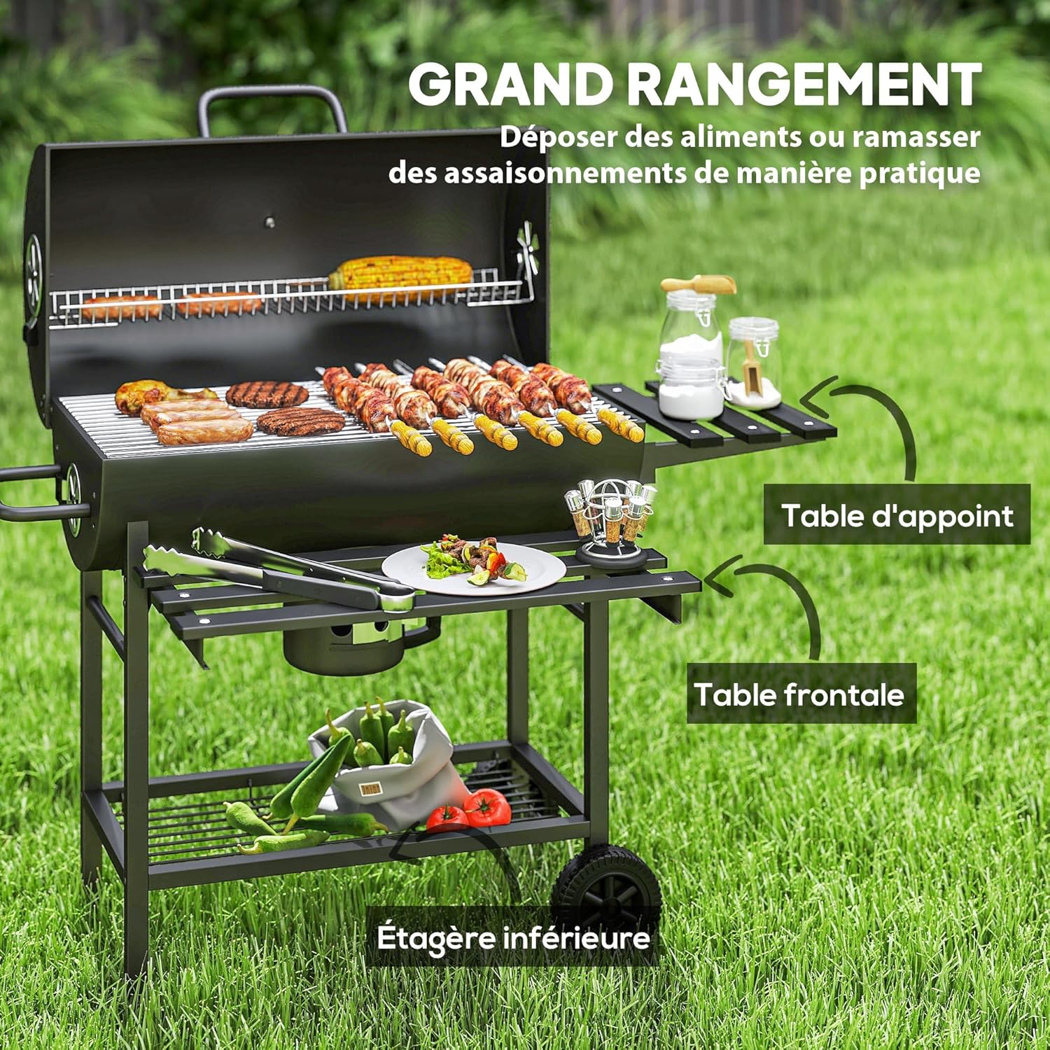 Outsunny - barbecue charbon de bois - grande taille - grille, couvercle thermomètre, roues, tablette pliable