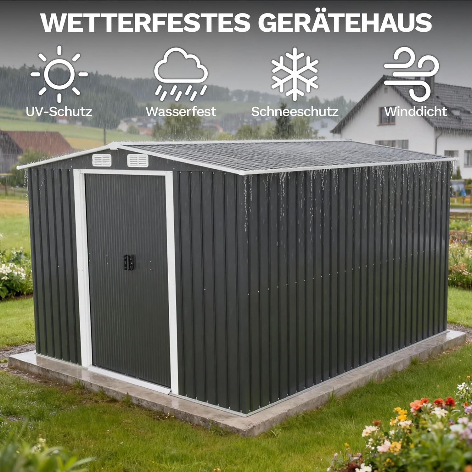 Devoko Abri de jardin en métal 13,2 m³ avec fondation en acier, 247x301x178 cm Grand abri de jardin avec structure de toit stable, extérieur, résistant aux intempéries pour tondeuses et vélos