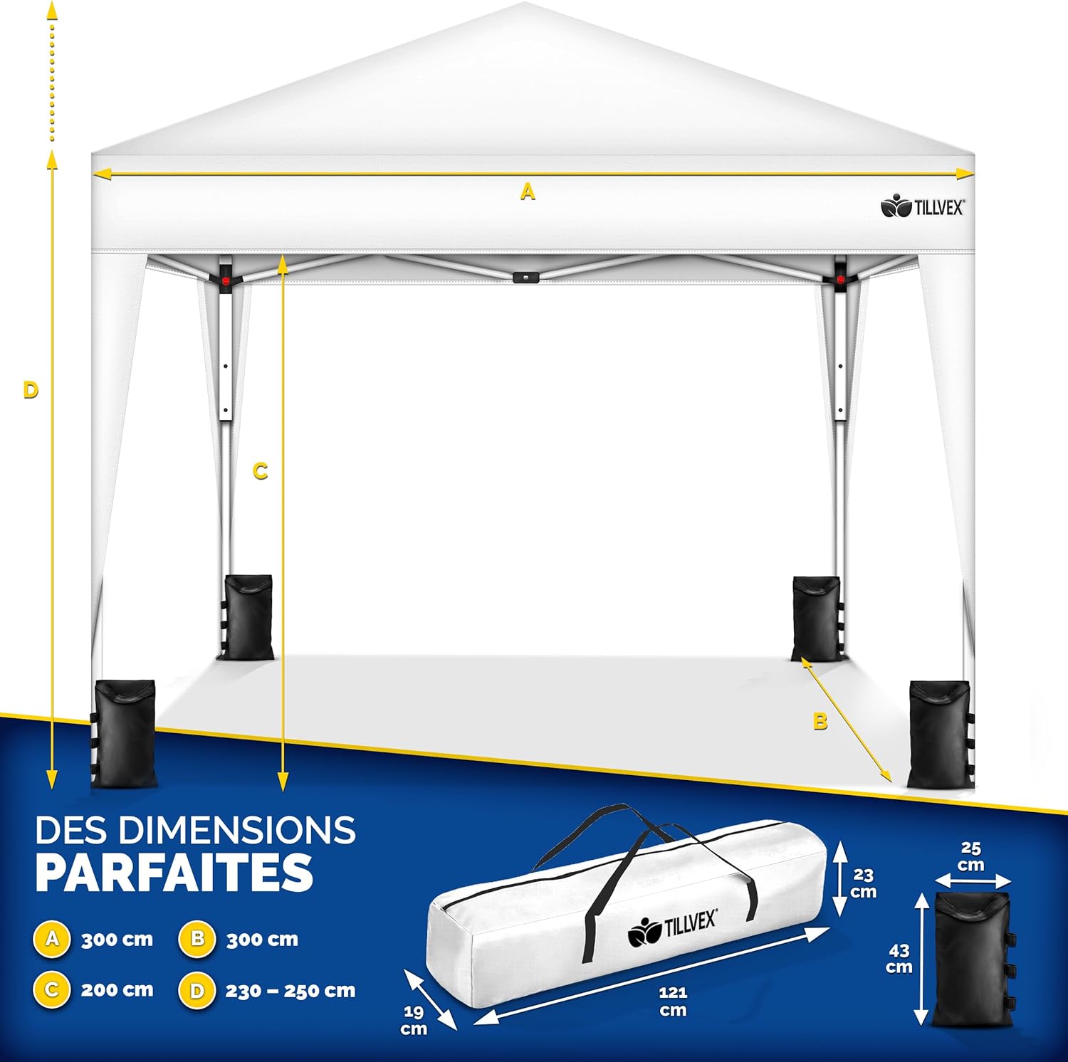 tillvex Tonnelle de Jardin 3 x 3 m Pliable | Tente Pliante à Hauteur réglable | Auvent pour Camping, Festival, Plage | Protection UV 50+ | Chapiteau avec Sac