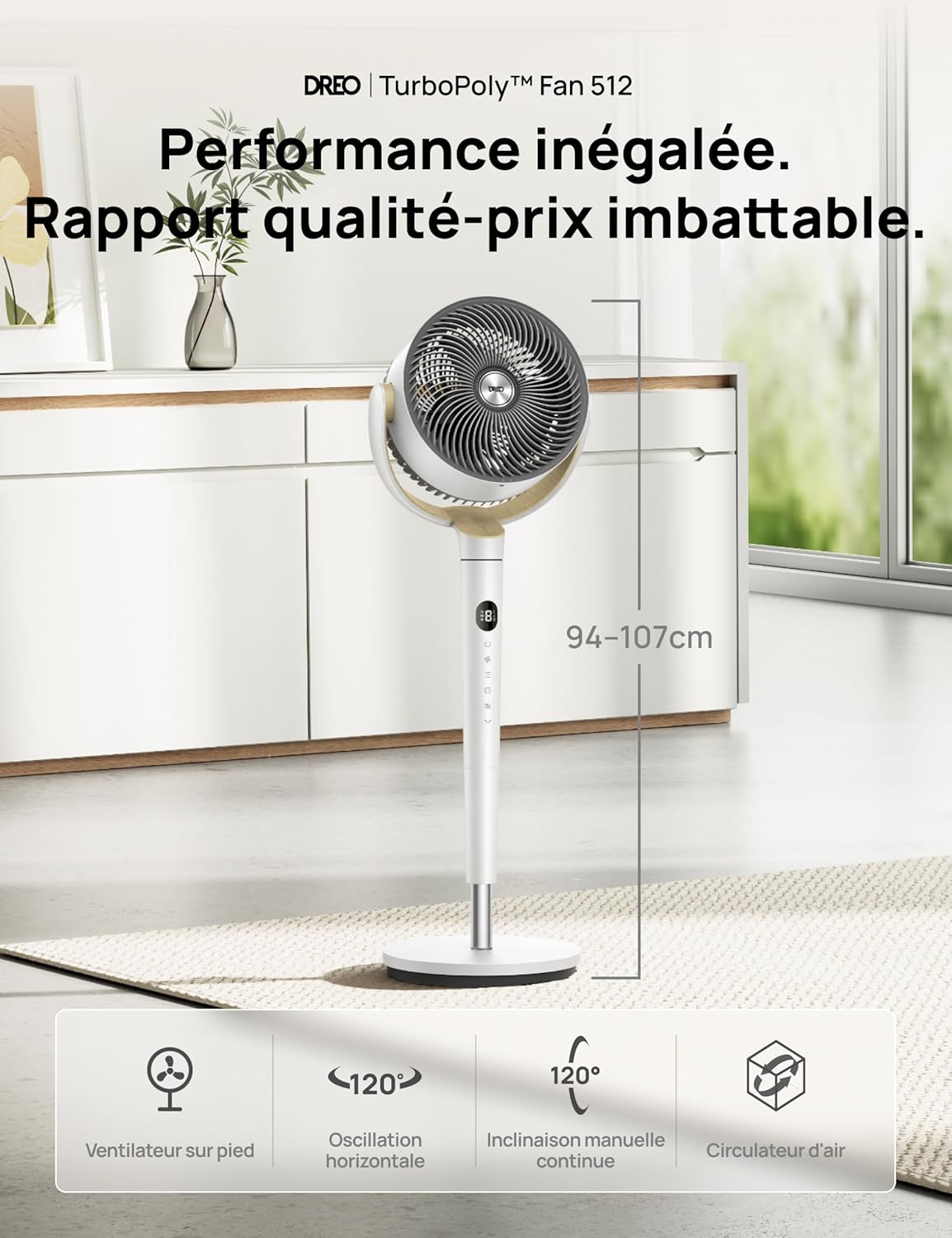 DREO Ventilateur de pièce, ventilateur oscillant 120°+120°, moteur DC, circulation d’air jusqu’à 30 m pour toute la pièce, 9 vitesses, 4 modes, ventilateur sur pied silencieux, 20 dB.