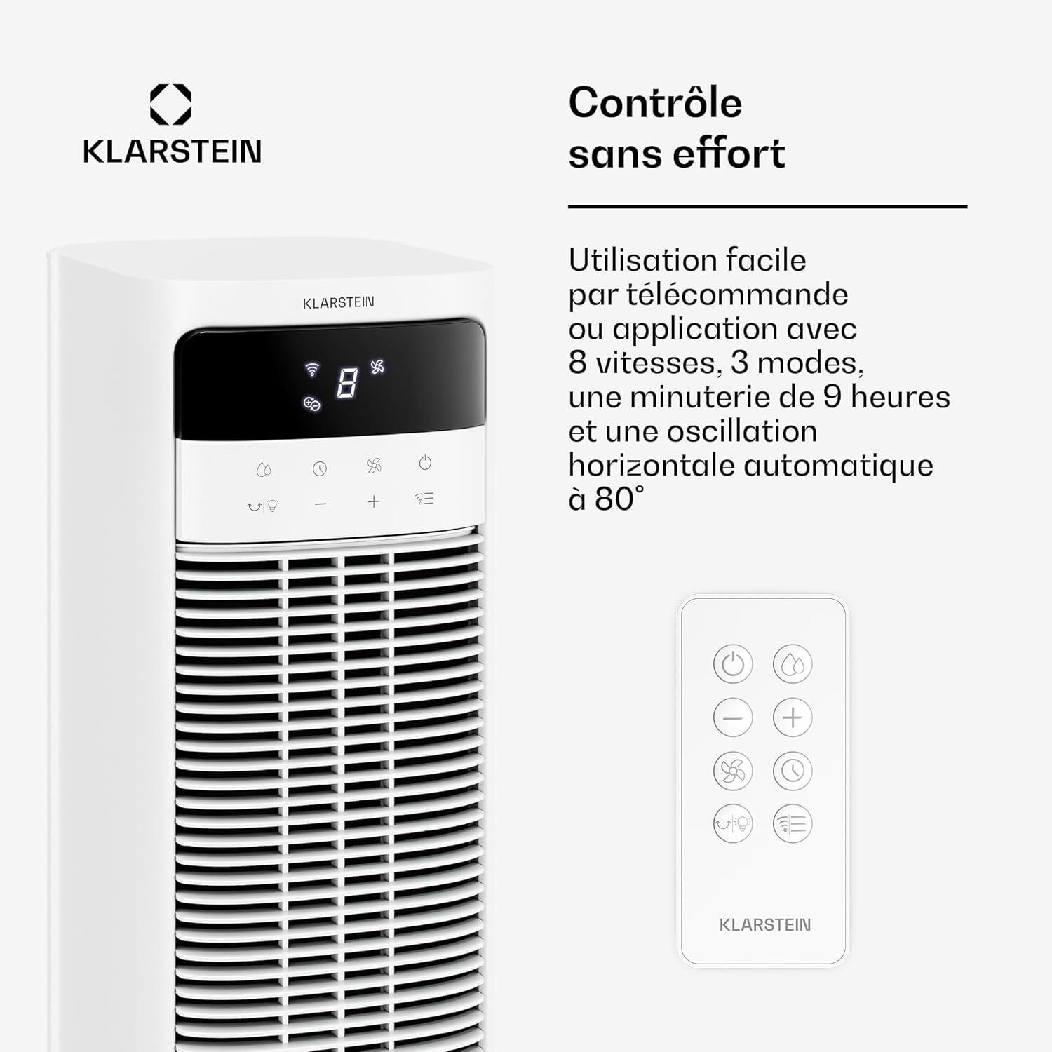 KLARSTEIN Rafraichisseur d’Air, Refroidisseur d’Air Évaporatif, 4L, Télécommande, 8 Niveaux, Mobile, Ventilateur Climatiseur pour Chambre 35m², White