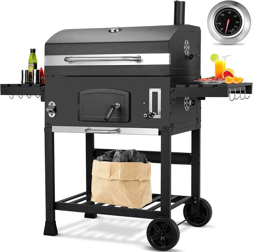 LIFERUN - Barbecue XXL, charbon, chariot, couvercle, thermomètre, fumoir, hauteur réglable