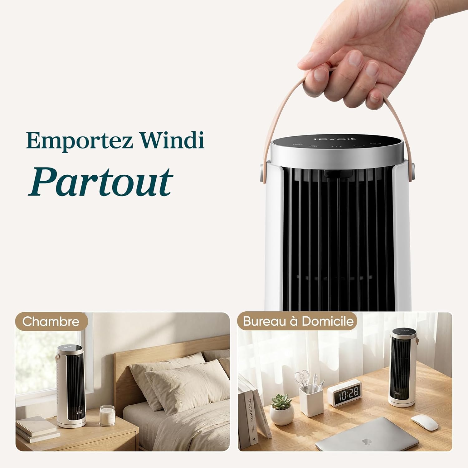 Levoit Windi Mini Ventilateur Colonne 20 dB Ultra Silencieux, Ventilateur de Table Moteur DC, Puissance jusqu'à 7 m/s, 4 Vitesses, Oscillation 90°, Minuterie 12H, Télécommande