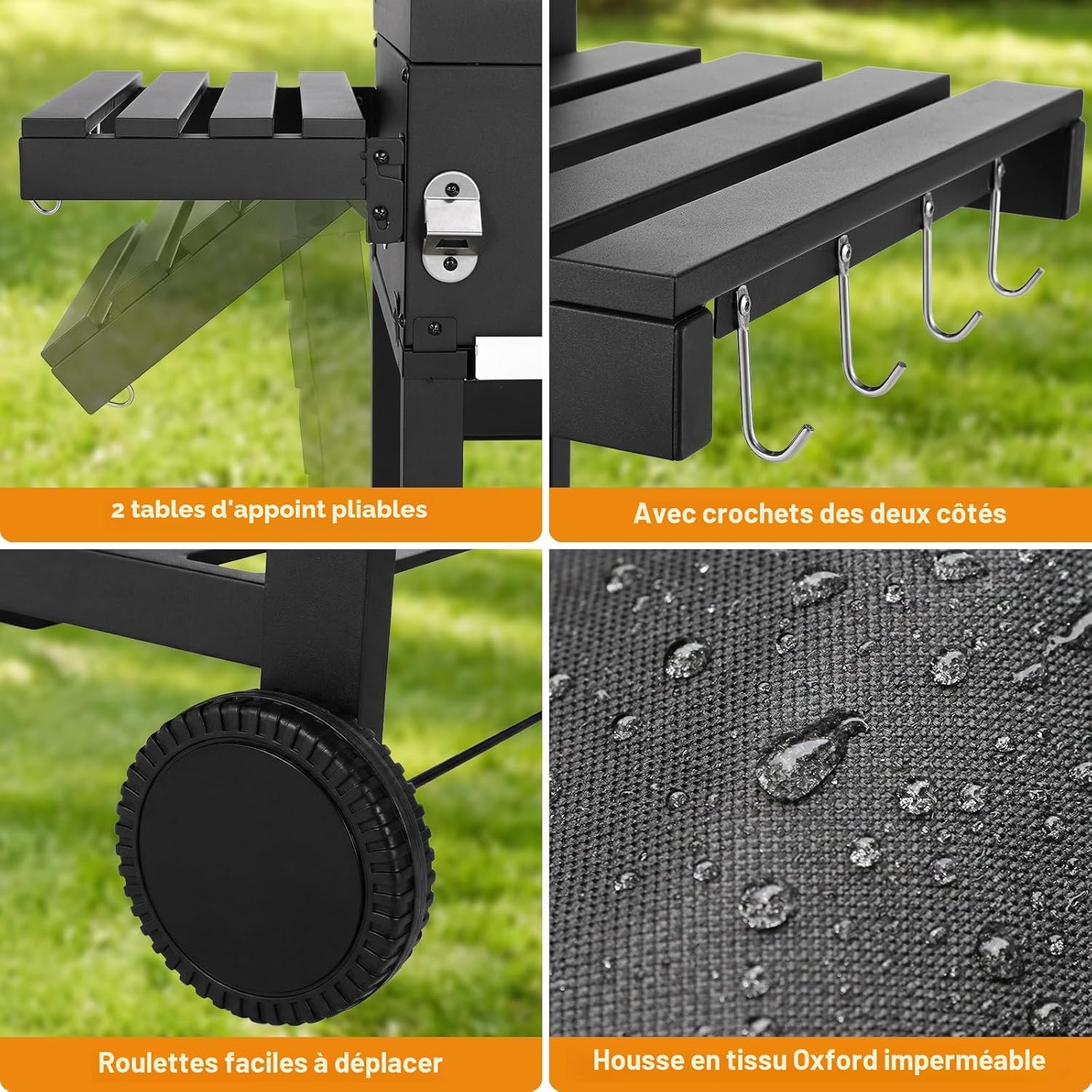 LIFERUN - Barbecue charbon XXL - grand chariot, fumoir et thermomètre