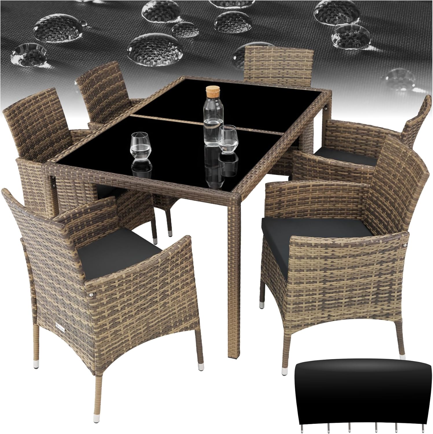 tectake - Salon de jardin poly rotin, 6 chaises confortables, résistant UV, table - 4260624128841